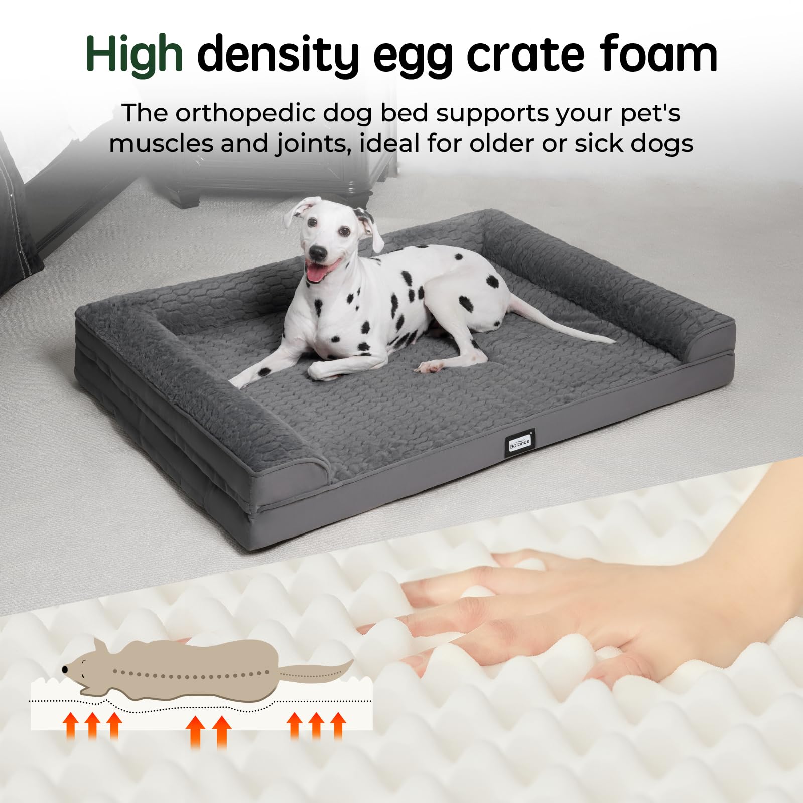 BALANCE Orthopedic Dog Bed for Large Dogs, Comfortable Dog Sofa Beds with Removable Washable Cover & Nonskid Bottom, Egg Crate Foam Dog Couch for Pet Sleeping, Grey