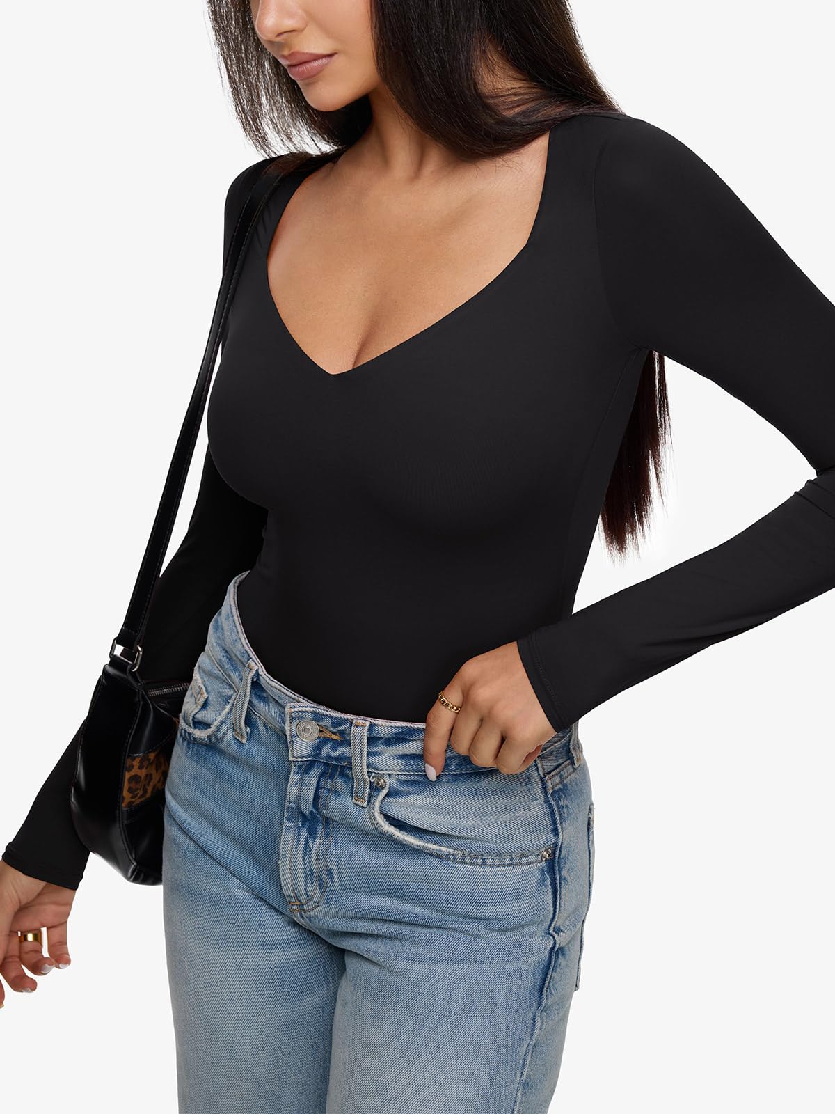 REORIA Long Sleeve Bodysuits for Women Square V Neck Going Out Top Double Lined Thong Body Suit Sexy Slimming Shirt 2025 Fall Black Onyx Large