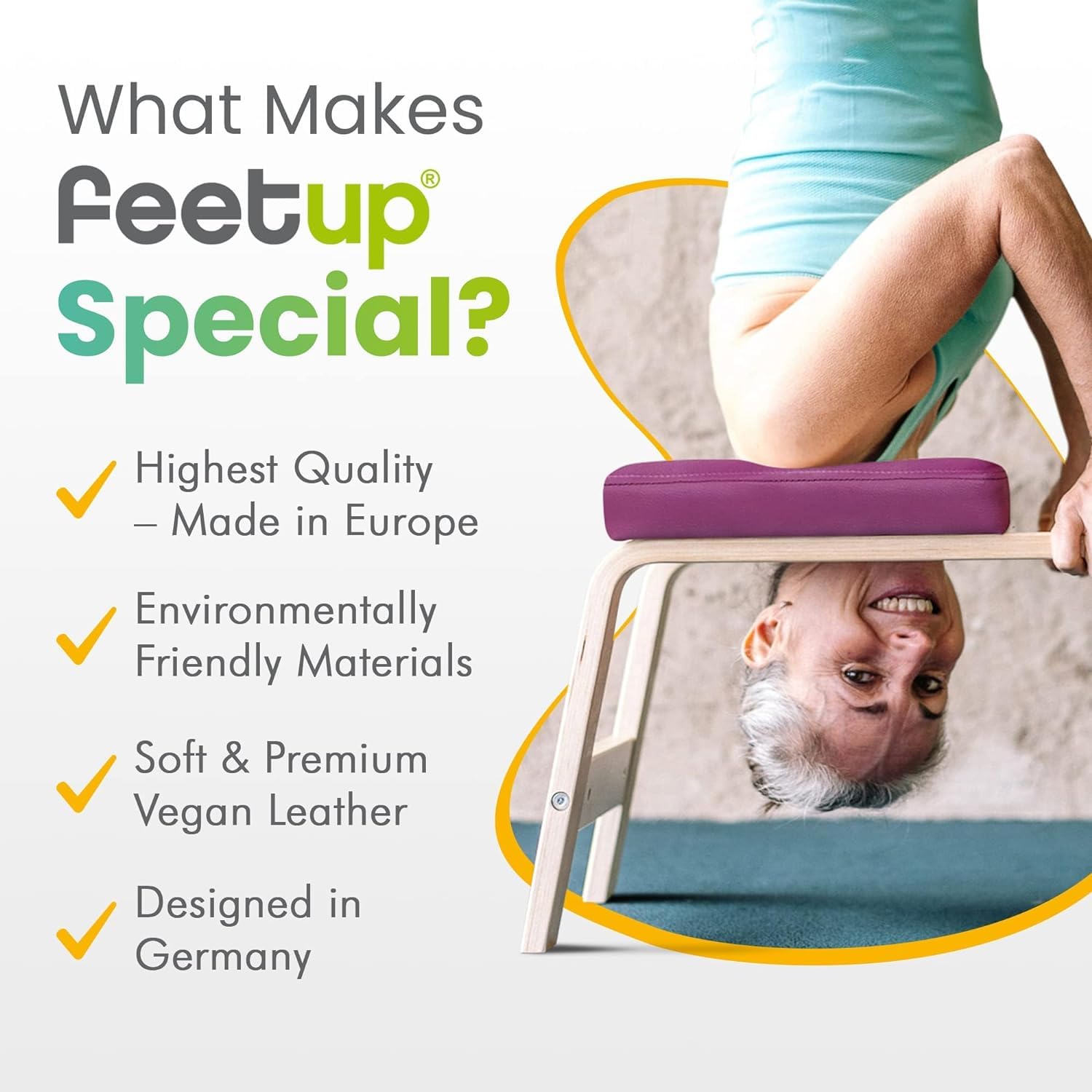 FeetUp - The Original Yoga Headstand Bench, Vegan Handstand Trainer Bench and Stand, Strength Training Inversion Equipment for Relaxation & Strength, Includes App & Starter Kit, Classic Violet