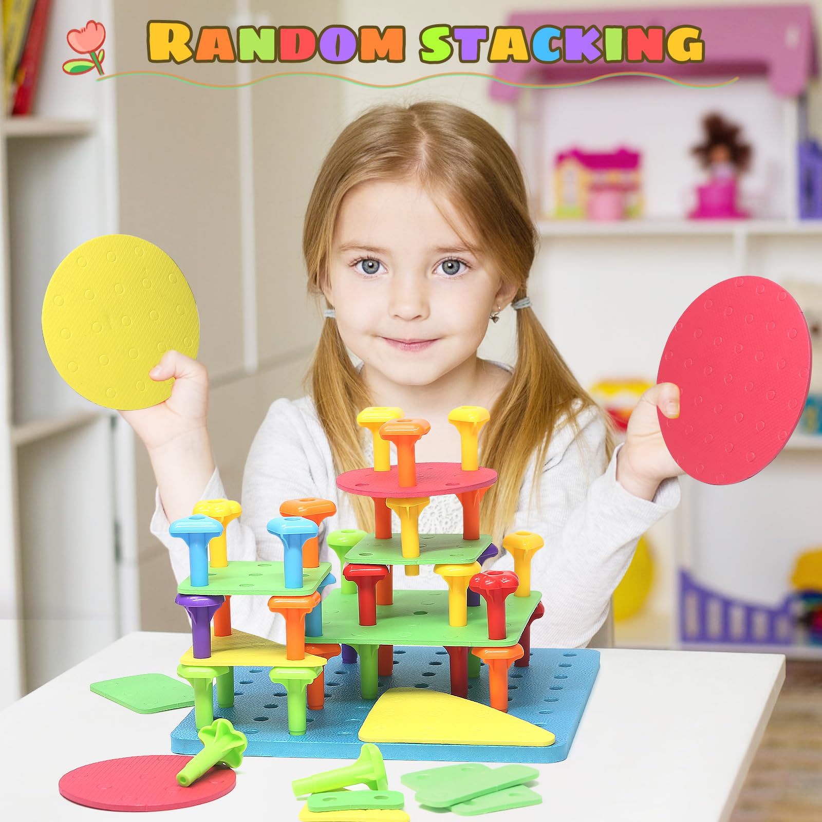 Peg Board Toy set 73Pcs DIY Building Stacking Toys for Kids 3-6 Years Old,STEM Educational Kids Toy for Brain Development,Montessori Sensory Toys,Upgrade Various Foam Board Plastic Lacing String Game