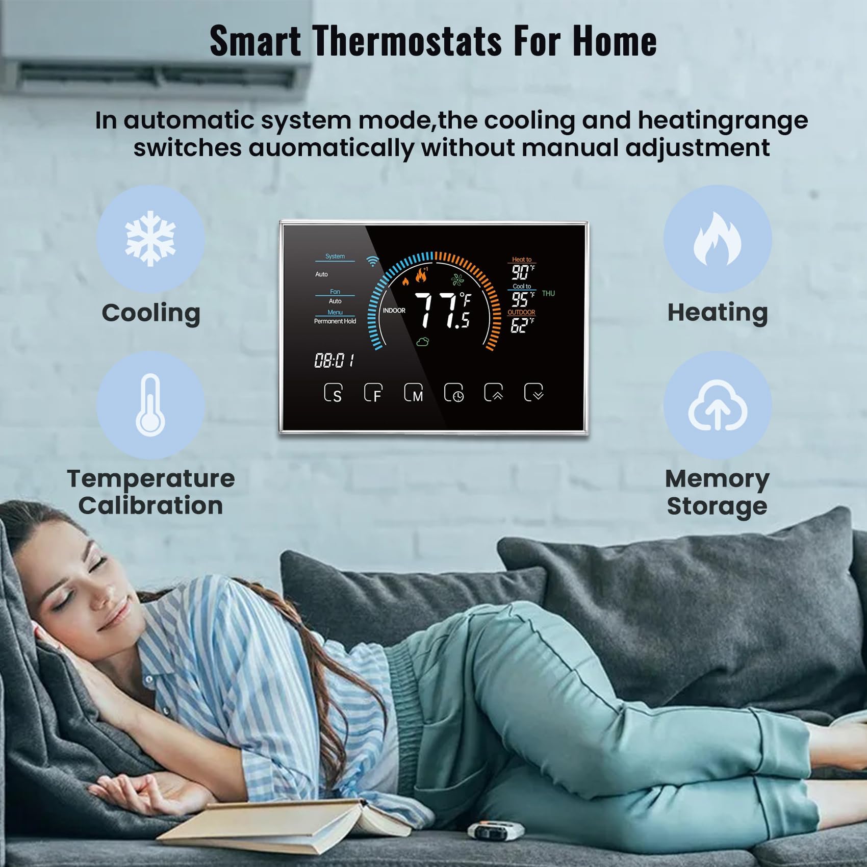 Bestechy Smart Thermostat for Home WiFi, App Thermostat, for Air and Ground Energy Heat Pumps, Includes C-Wire Adapter, LCD Color Screen, Voice Control, Energy Efficient, Easy DIY