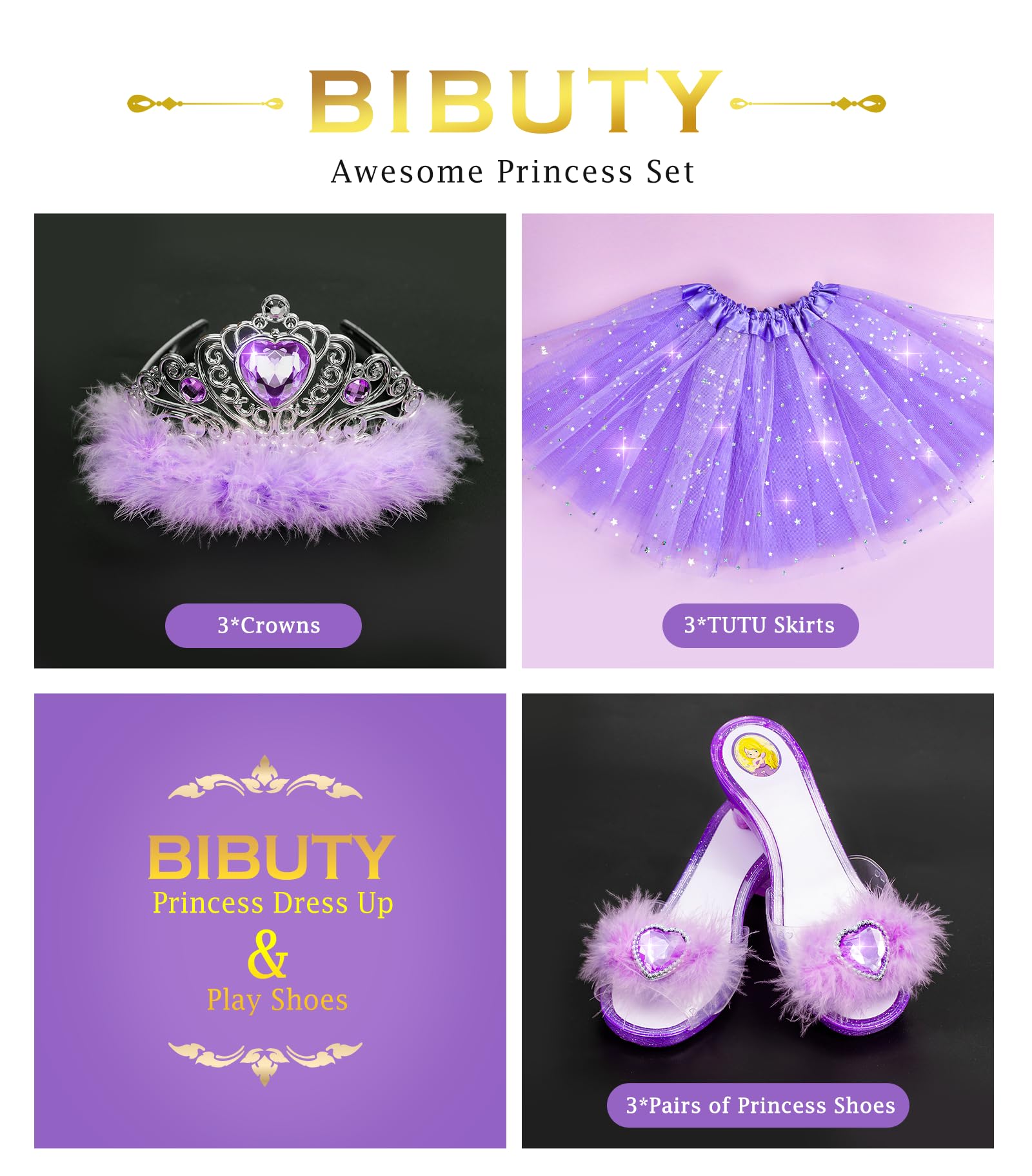 BIBUTY Princess Dress Up Shoes , Dress Up Clothes Pretend Play Costumes-3 Sets of Princess Shoes, Dresses and Crowns, Princess Accessory Toys for 3-6 yr Girl Birthday Gifts