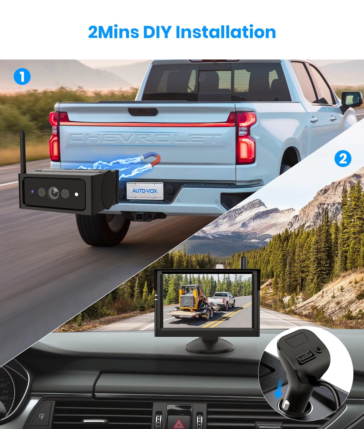 AUTO-VOX Magnetic Wireless Backup Camera,2Mins DIY Installation &1080P Portable Battery Truck Trailer Hitch Rear View Camera with 5" Car Monitor System,IR Night Vision Back Up Camera for Camper/RV-S4