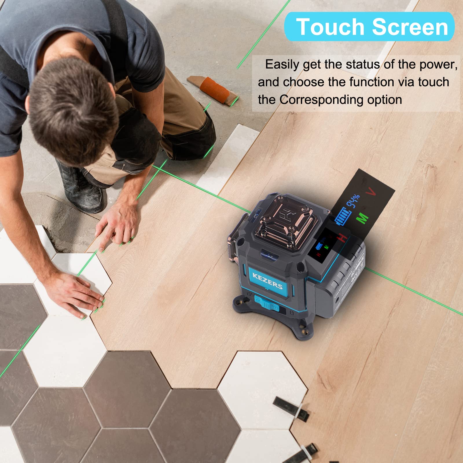 KEZERS Laser Level 360 Self Leveling,4 x 360 Laser Level with Screen Green Laser Level Line tool Leveling and Alignment Laser Tool with Pulse Mode for Construction and Picture Hanging,Remote Control