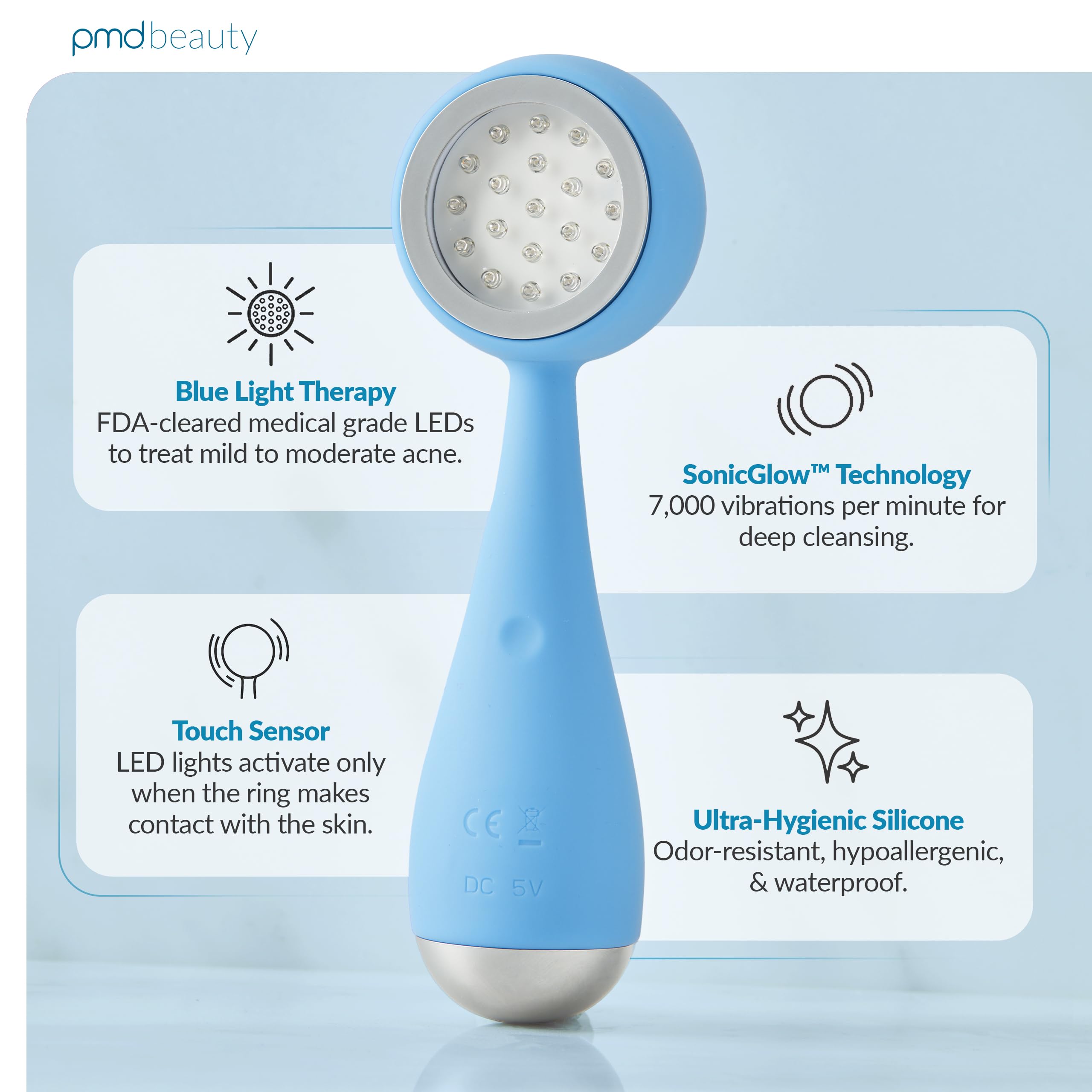 PMD Beauty Clean, Acne, and Redvolution - Electric Facial Cleansing Brush, Smart Facial Device with Silicone Brush & Anti-Aging Massager, Red and Blue LED Light