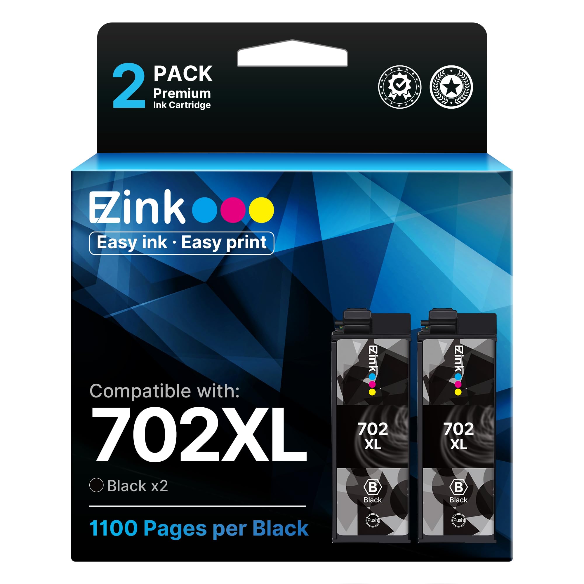 E-Z Ink Remanufactured Ink Cartridge Replacement for Epson 702XL Black Ink Cartridge T702XL 702 T702 Ink to use with Workforce Pro WF-3720 WF-3730 WF-3733 Printer (2 Pack, Black)