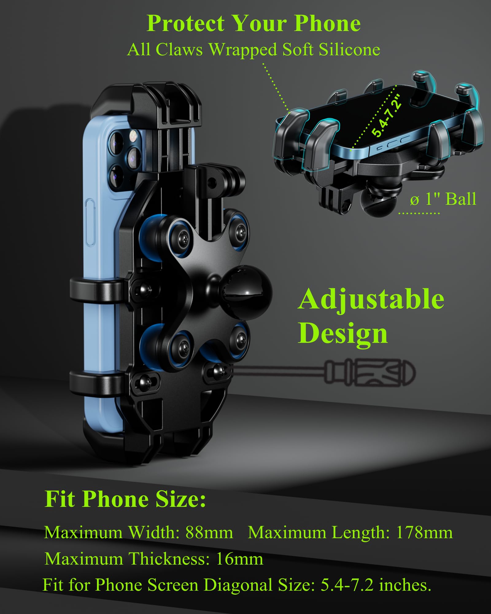 BRCOVAN Motorcycle Phone Holder with Vibration Dampener, Anti-Shake Motorcycle Phone Mount, Adjustable Handlebar Cellphone Holder for Motorcycle Bike Bicycle Scooter ATV Fit 5.4''-7.2'' Smartphone