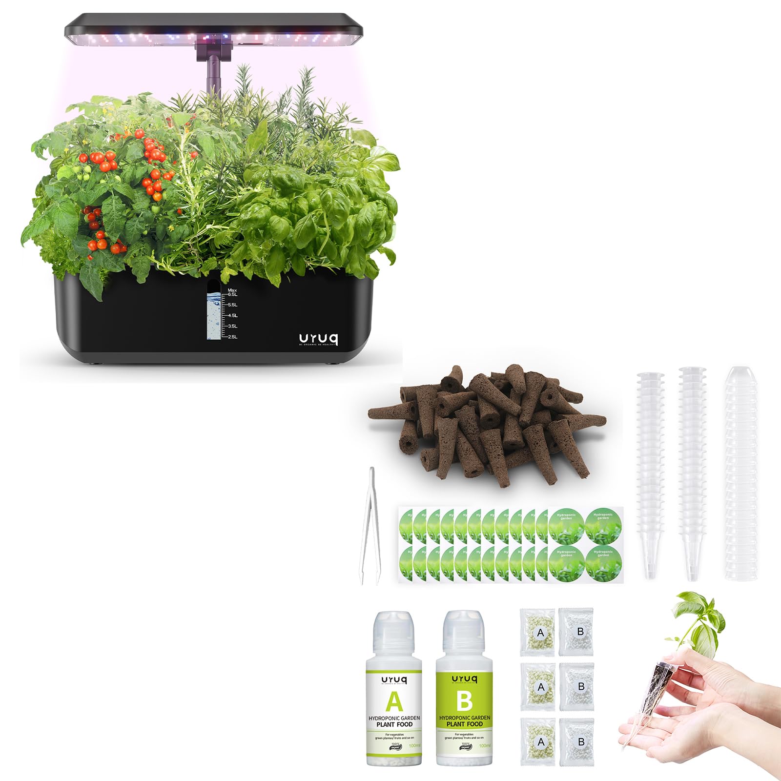 URUQ 12 Pods Hydroponics Growing System Indoor Garden Black & 188Pcs Hydroponic Pods Supplies