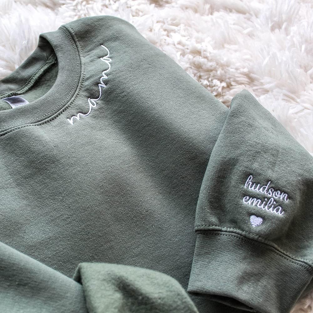 Pofily Custom Mama Embroidered Sweatshirt With Kids Names Sleeve-New Mom Gift Personalized, Mama Birthday, Mom Mommy Nana Gigi Hoodie
