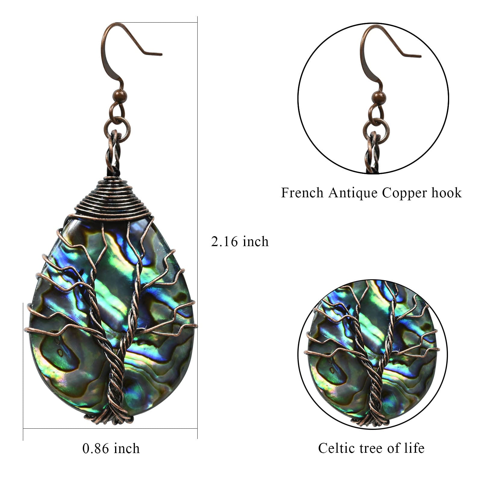 Sea Abalone Shell Handmade Earrings Tree of Life Wrapped Dangle Earrings Teardrop Earrings Vintage Celtic Earrings for Women Fashion Trendy