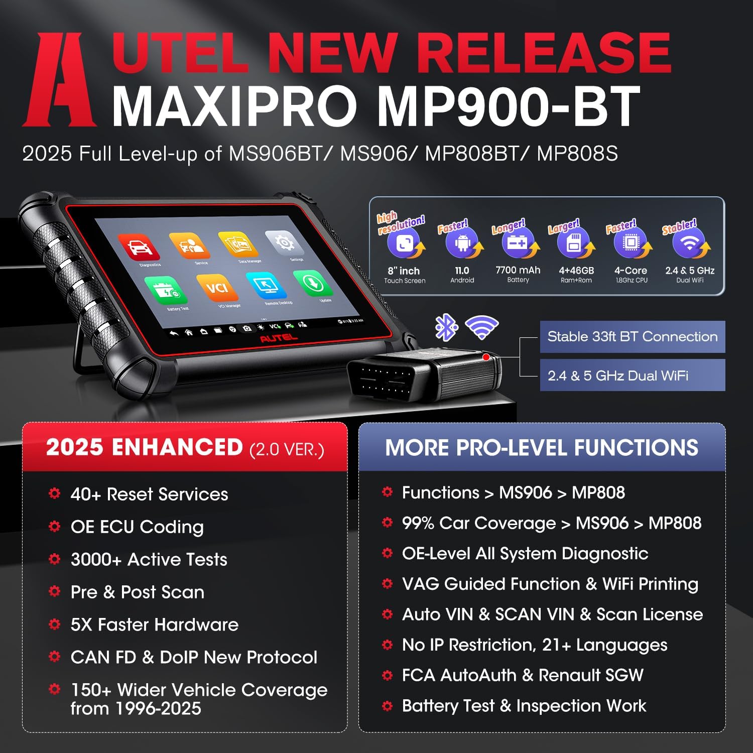 Autel MaxiPRO MP900-BT w/ $60 MV108S: 2025 OS11 MP900BT Lite Ver. of MS906 PRO, ECU Coding, 3K+ Active Test, 40+ Reset, Up of MP900 MS906BT MP808S MP808BT PRO, CAN FD/DoIP, Scan VIN, Work w/ BT506