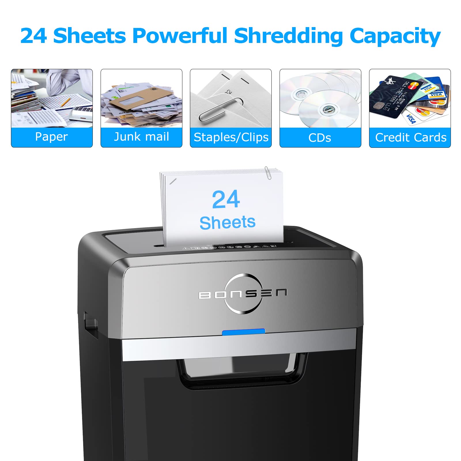 BONSEN Heavy Duty Paper Shredder, 24-Sheet Cross-Cut Shredder, 40-Min Continuous Running Time, Commercial Grade Shredder for Office, 9-Gallon Big Basket, 55dB Super Quiet, P-4 High Security (S3105)