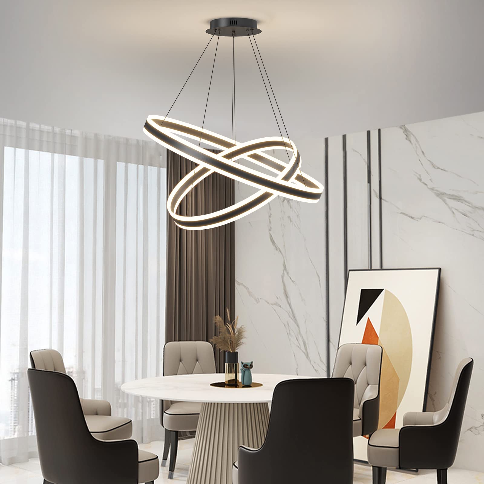 Modern Chandeliers for Dining Room, 2-Ring LED Chandelier Light Fixture for Living Room, Black Circle Hanging Pendant Light with Remote Control for Bedroom, Adjustable Height, 3000-6500K Dimmable