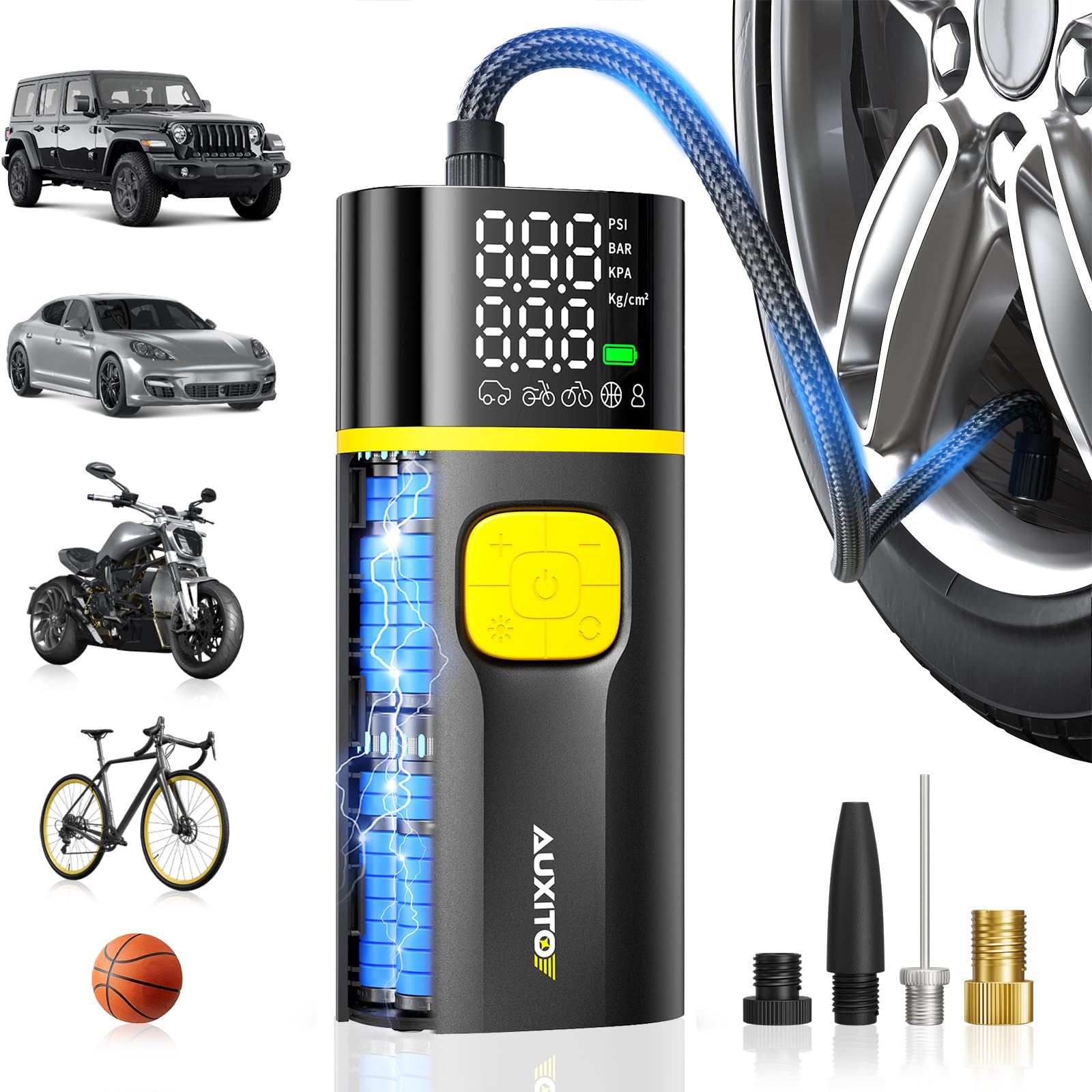 AUXITO A502-Tire Inflator Portable Air Compressor - Air Pump for Car Tires Portable Tire Inflator for Car Truck Bike Motorcycle with Digital Tire Pressure Gauge & LED Light, Car Accessories