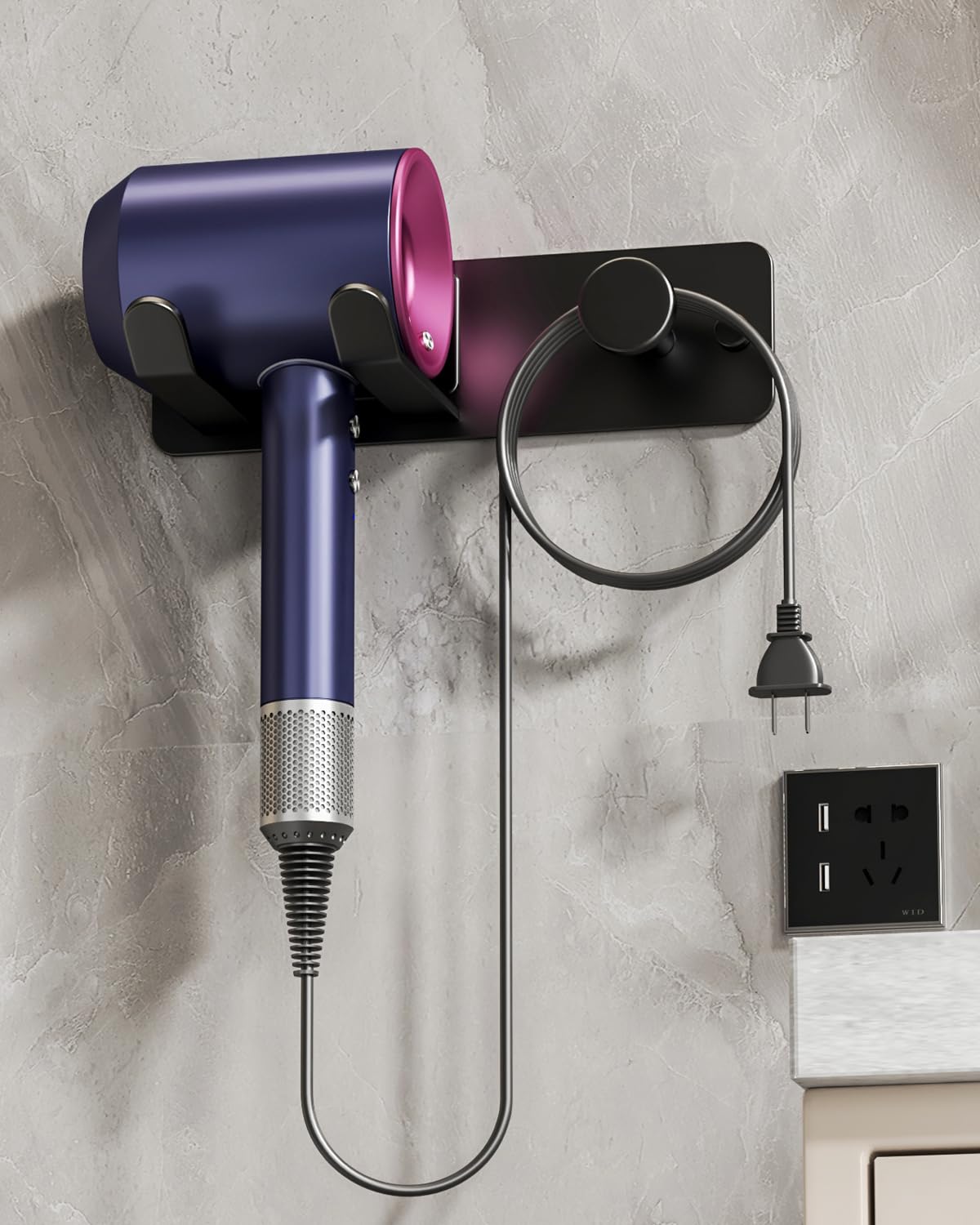 WOJIUBUXIN Hair Dryer Holder Wall Mount Matte Black Hair Dryer Holder for Bathroom Cabinet SUS 304 Stainless Steel Blow Dryer Holder Compatible with Dyson Hair Dryers