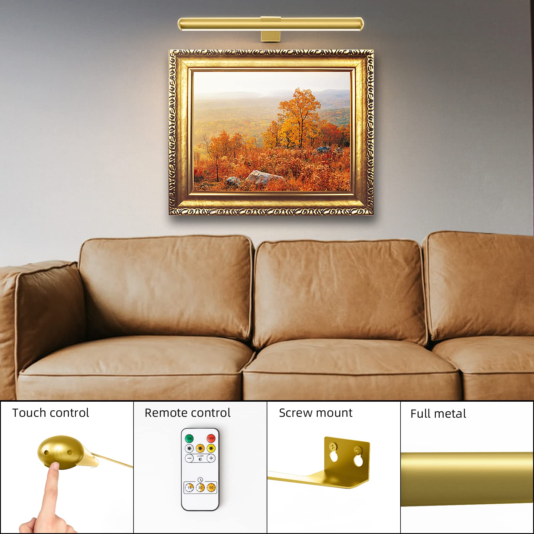 Battery Picture Lights 16.5inch-2PACK ,Wireless Rechargeable Painting Light for Art with Remote,Full Metal Led Picture Lights Dimmable Wall Light for Portraits,Dartboard,Gallery-Gold with Patent