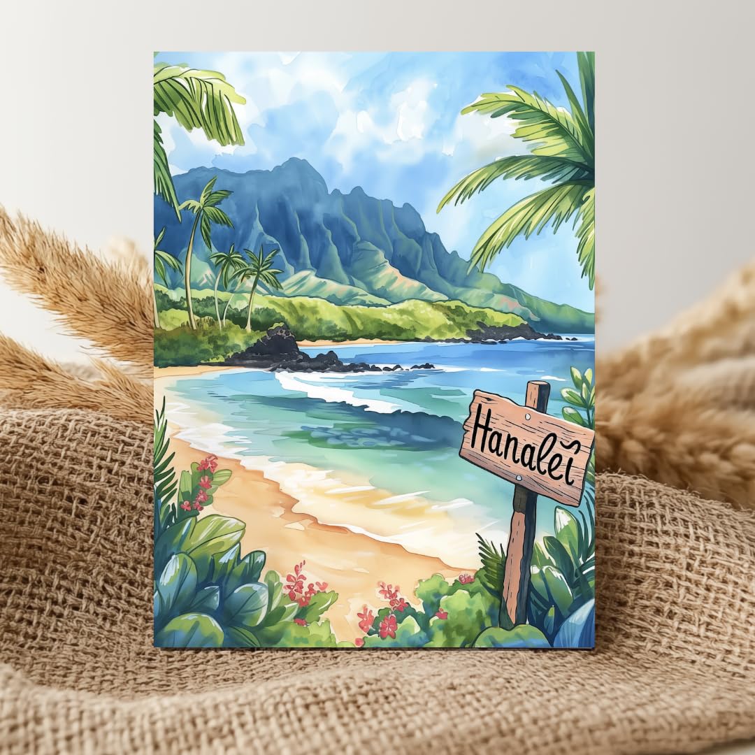 5x7 Hanalei Bay Watercolor Print, Hawaiian Tropical Beach Art, Kauai Decor, UNFRAMED
