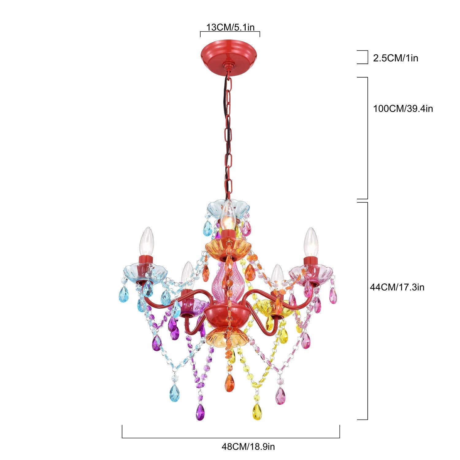 Antique House Chandeliers Modern Crystal Chandelier Lighting Colorful Chandeliers Red Metal Frame with Multi Color Acrylic Crystals 5 Light Pendant Light Fixtures