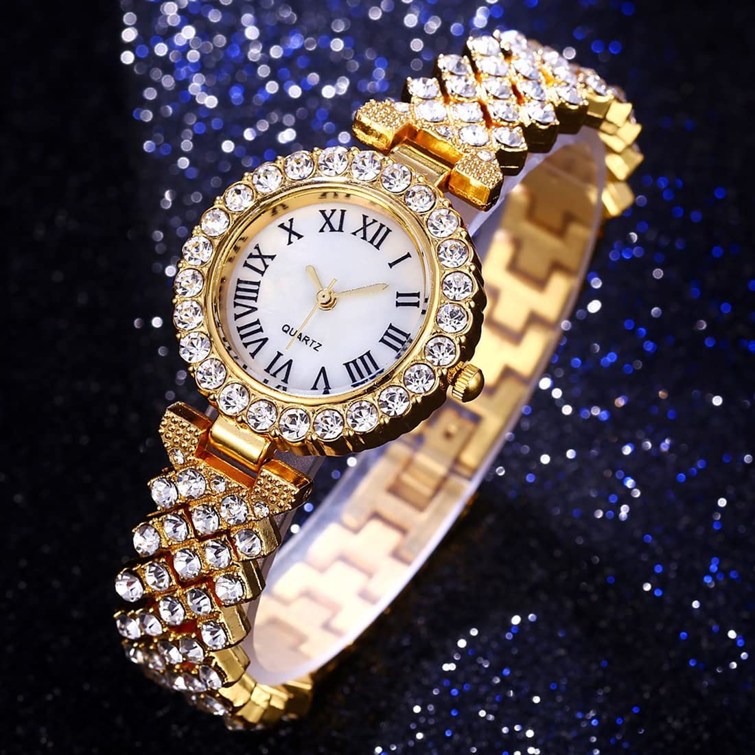 Women Diamond Watchs Luxury Fashion Ladies Bangle Bracelet Set Wrist Watch Female Dress Watch (Silver) (Gold)