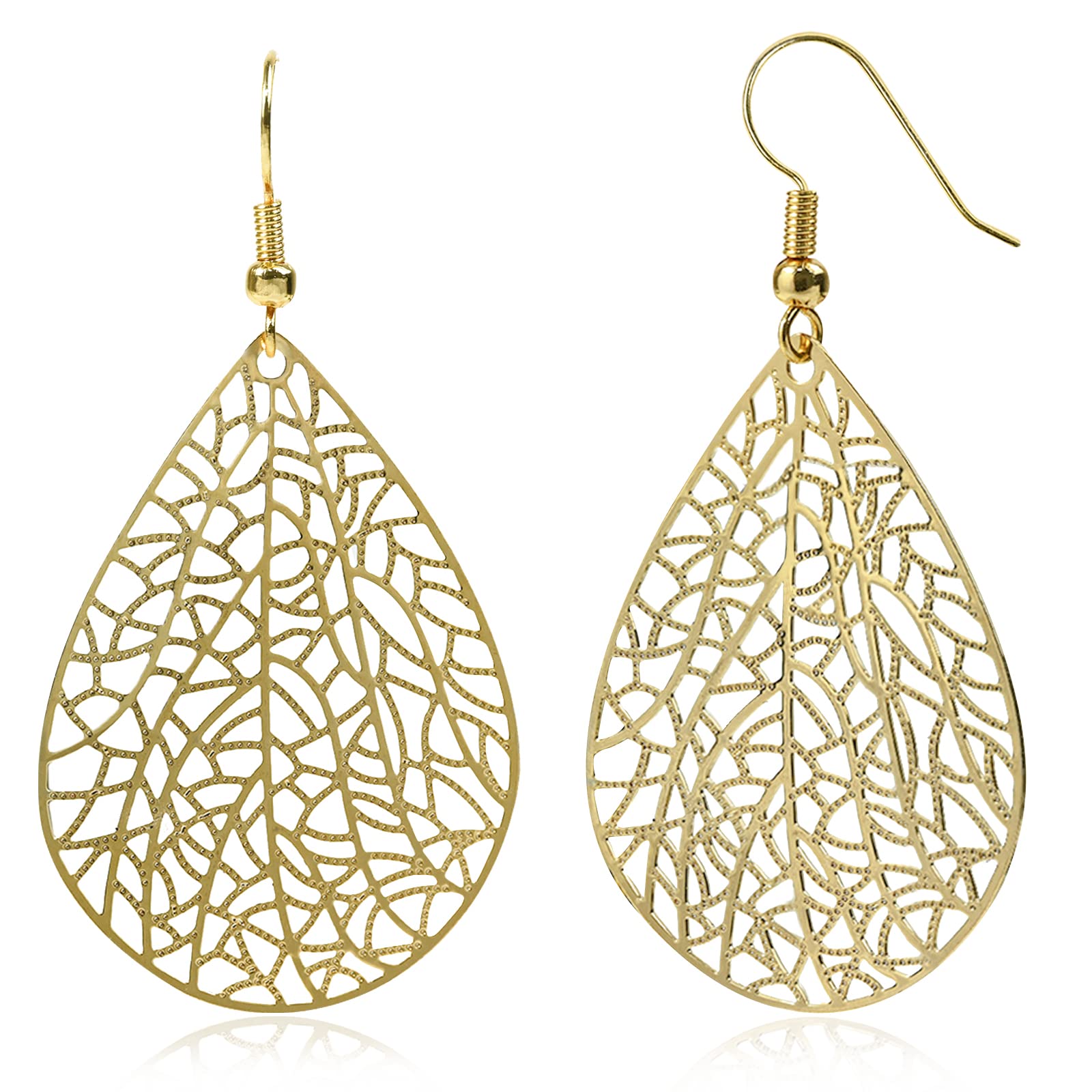 Teardrop Earrings for Women, 14K Gold Plated Dangle Earrings, Handmade Filigree Earrings for Gift