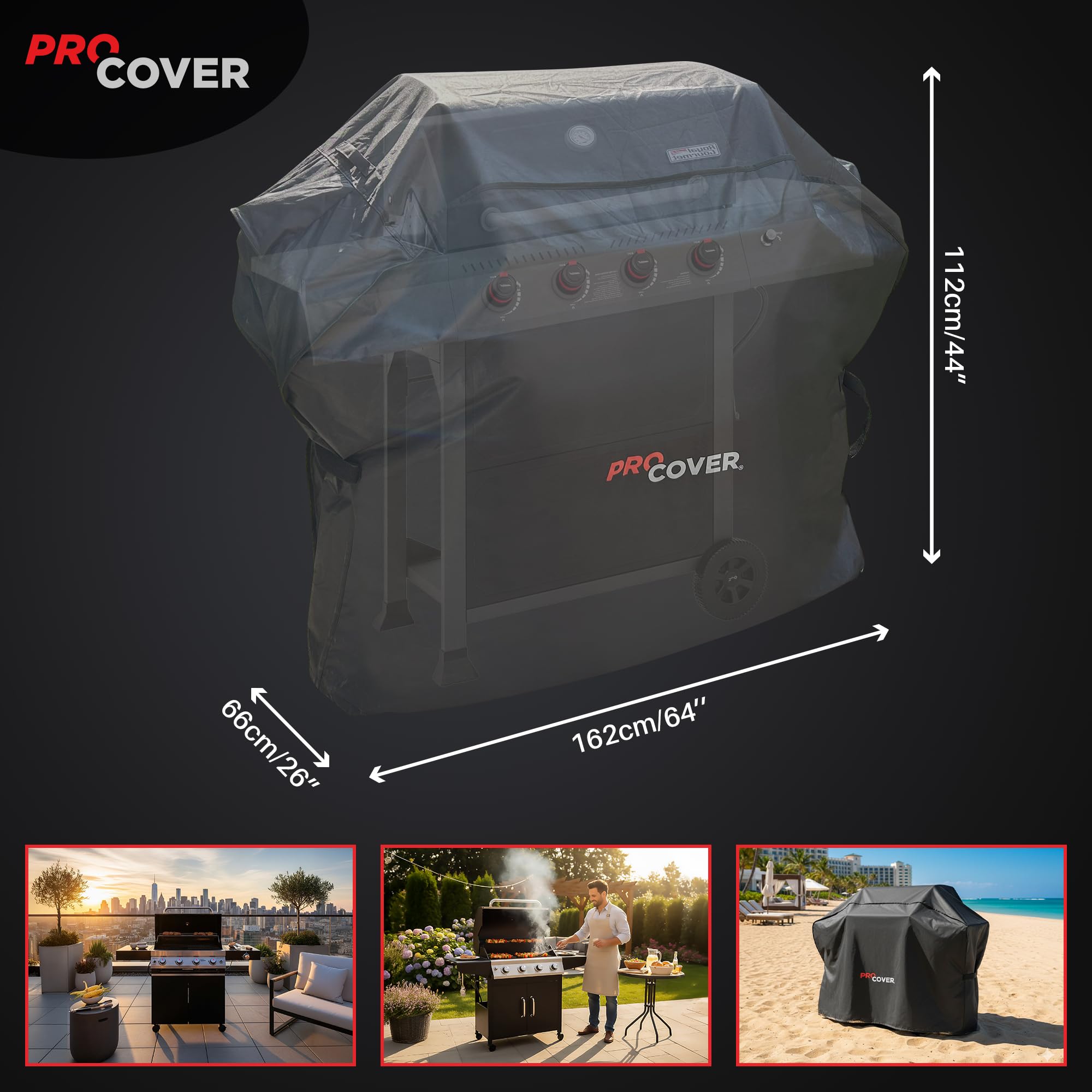 Premium Cover for Outdoor Barbecue and Grill – Waterproof & Durable | Oxford 600D Fabric | Windproof | Professional Quality, Fits All Brands ProCover (64''L x 26''W x 44''H)