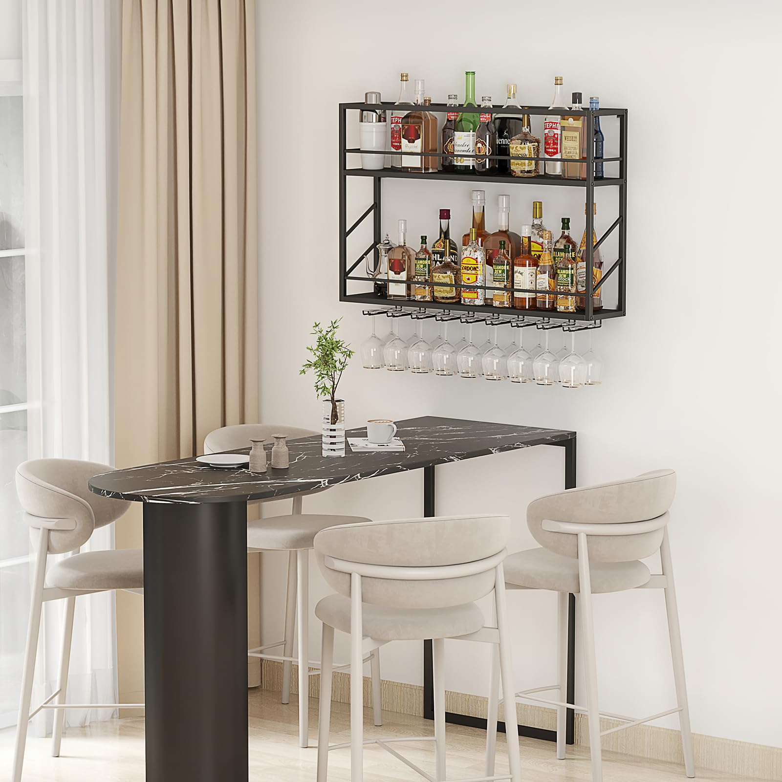 Woskar Wall Mounted Wine Rack 2 Tier, Metal Bar Liquor Shelves and Glass Holder,Wall Bar Shelf Wine Display Storage Holder for Home Bar, Dining Room, Kitchen(31.4×7.8×26in)