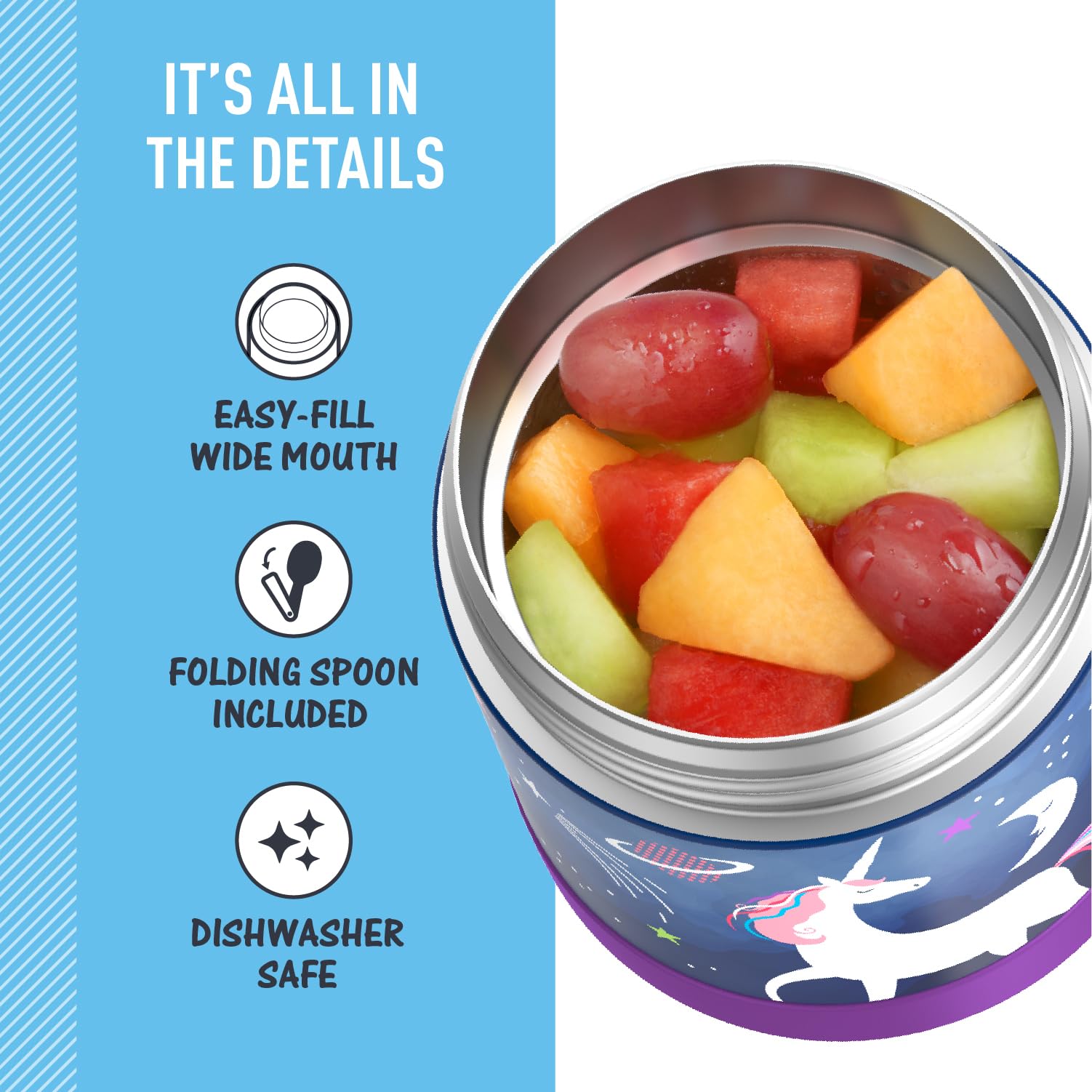 THERMOS FUNTAINER Insulated Food Jar – 10 Ounce, Space Unicorn – Kid Friendly Food Jar with Foldable Spoon