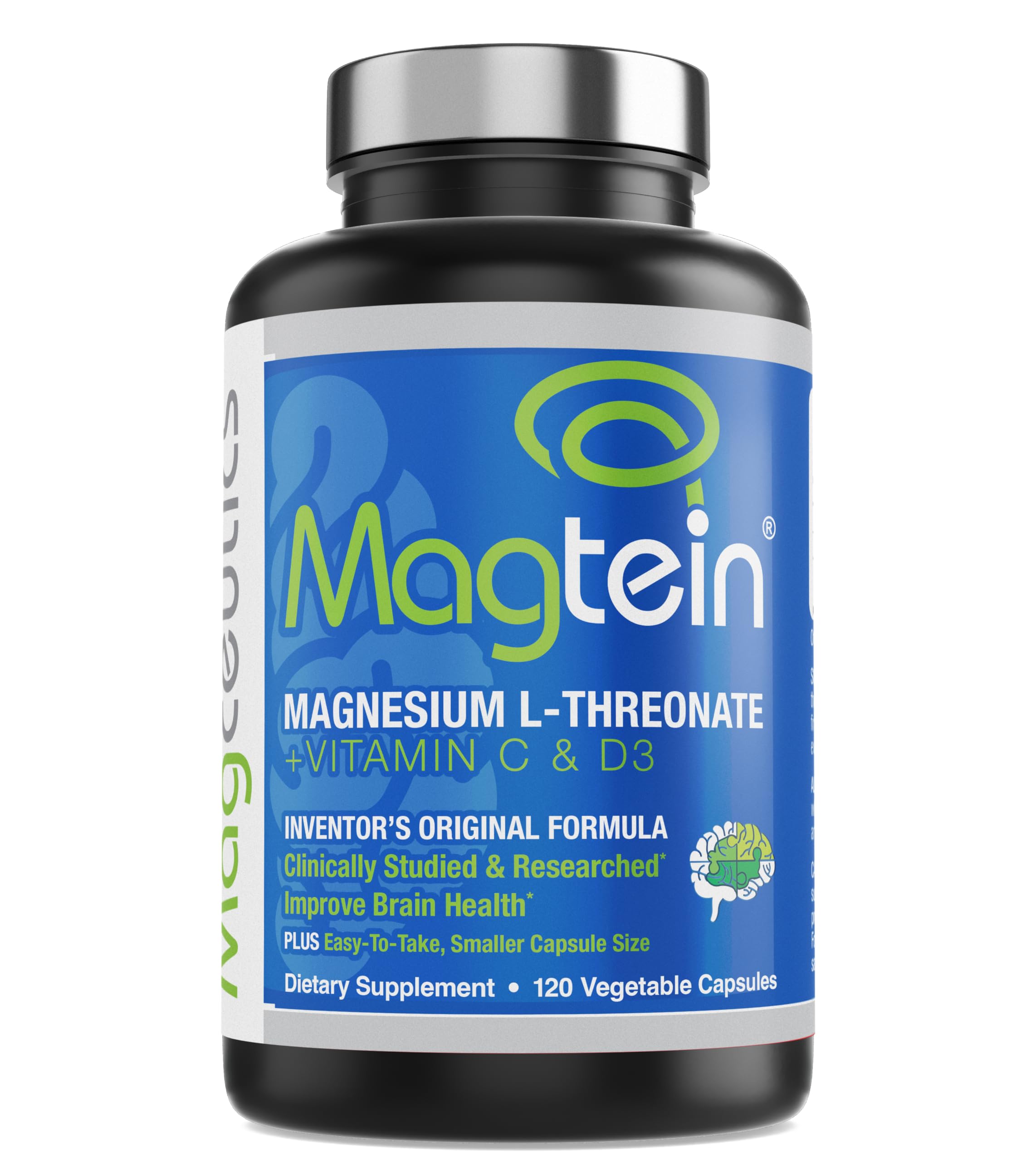 Magtein Magnesium L-Threonate to Improve Cognition, Focus, Memory, Sleep Quality and Brain Health with Small Caps - 120 Vegetable Capsules