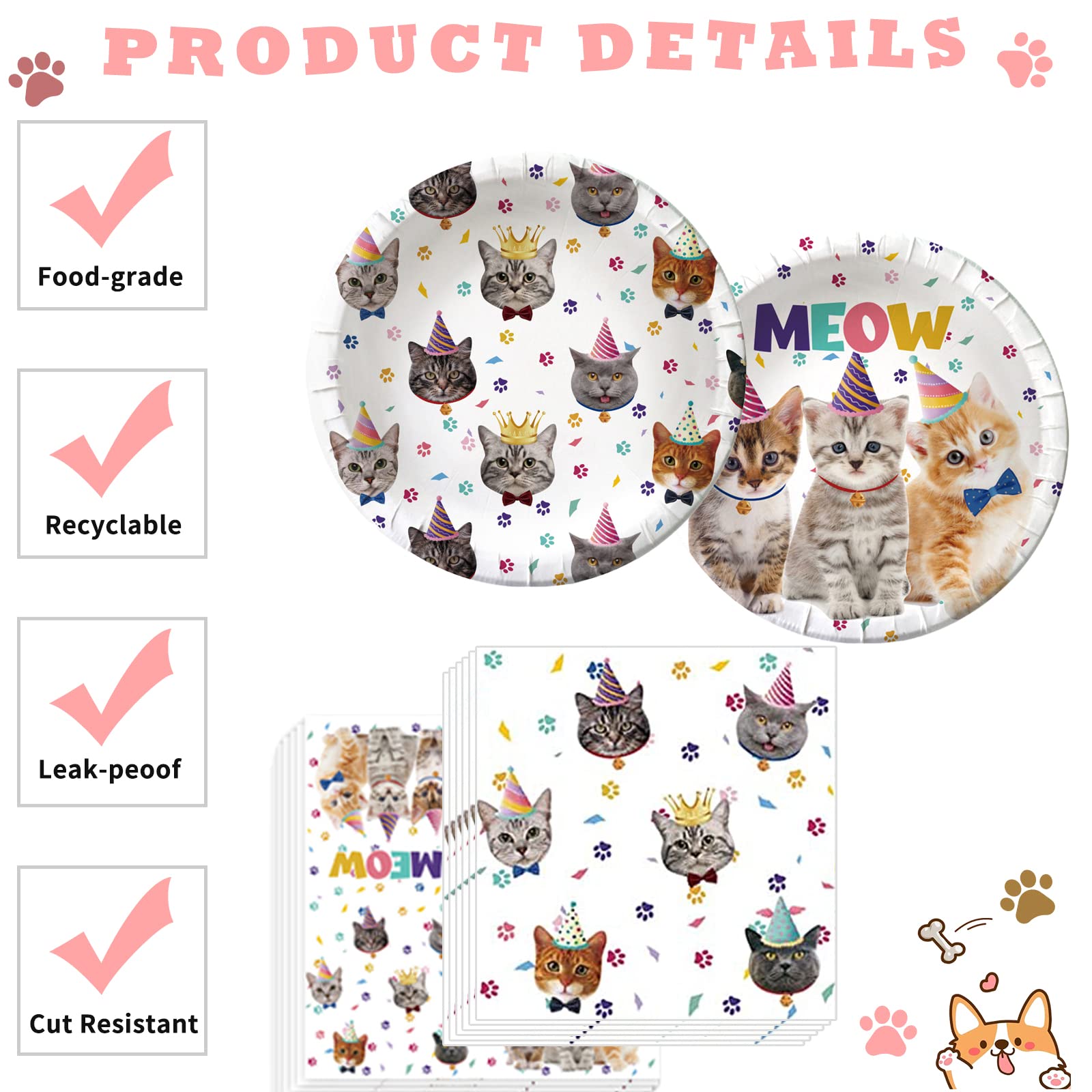 137PCS Cat Birthday Party Supplies Serves 20 Guests Kitten Birthday Party Decorations Plates Banner Napkins Balloons Tablecloth Cake Toppers for Cats Themed Birthday Parties Supplies