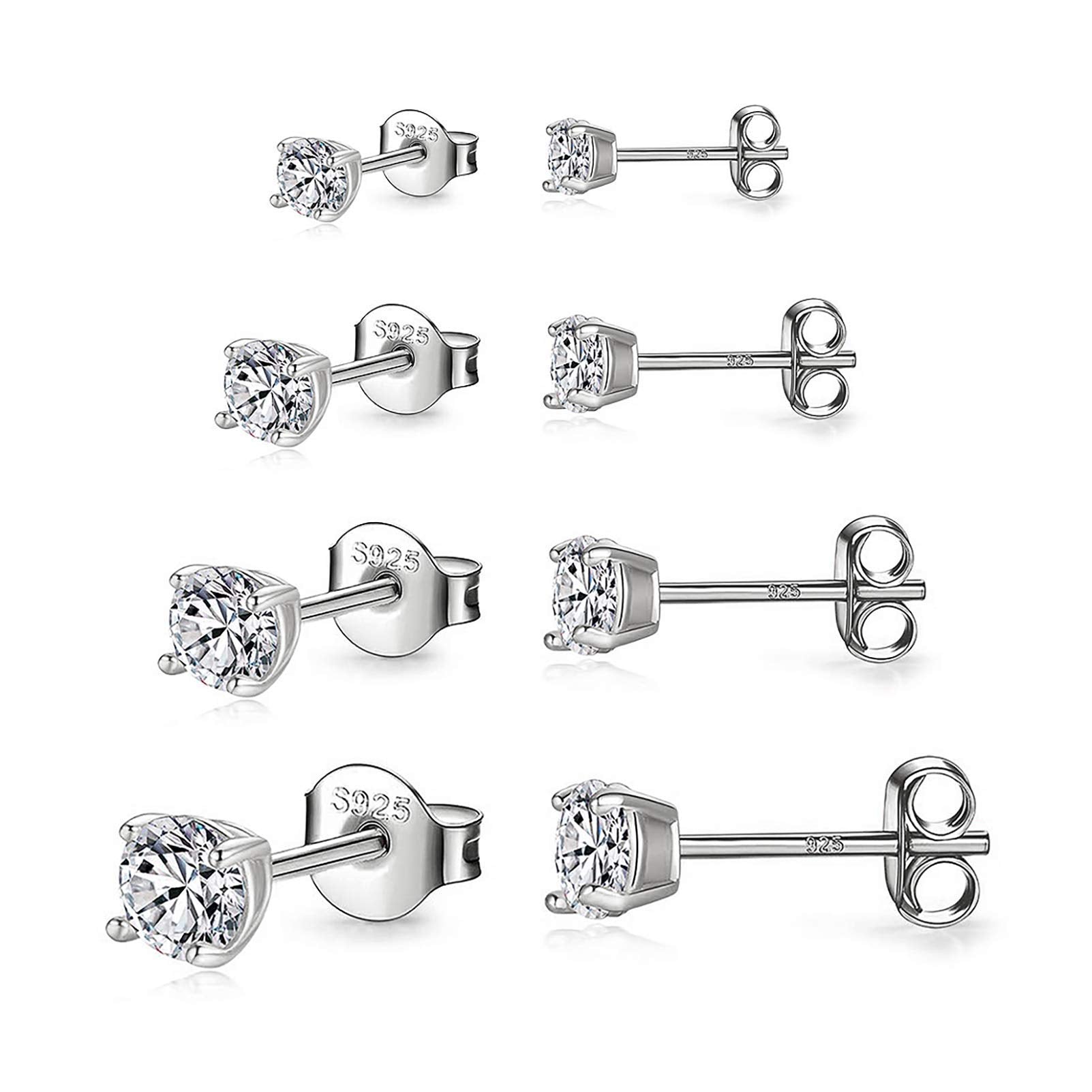 925 Sterling Silver Stud earrings Set | White Gold Plated Hypoallergenic Stud Earrings | Cubic Zirconia Stud Earrings for Women Girls (3mm，4mm，5mm，6mm)