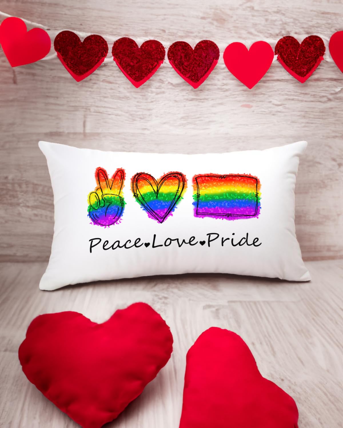 Valentine's Day Rainbow Pride Pillow Cover 12x20 Inch - Peace Sign, Heart, and Flag Design - Inclusive Love Celebration Cushion Case for Sofa and Couch Decor