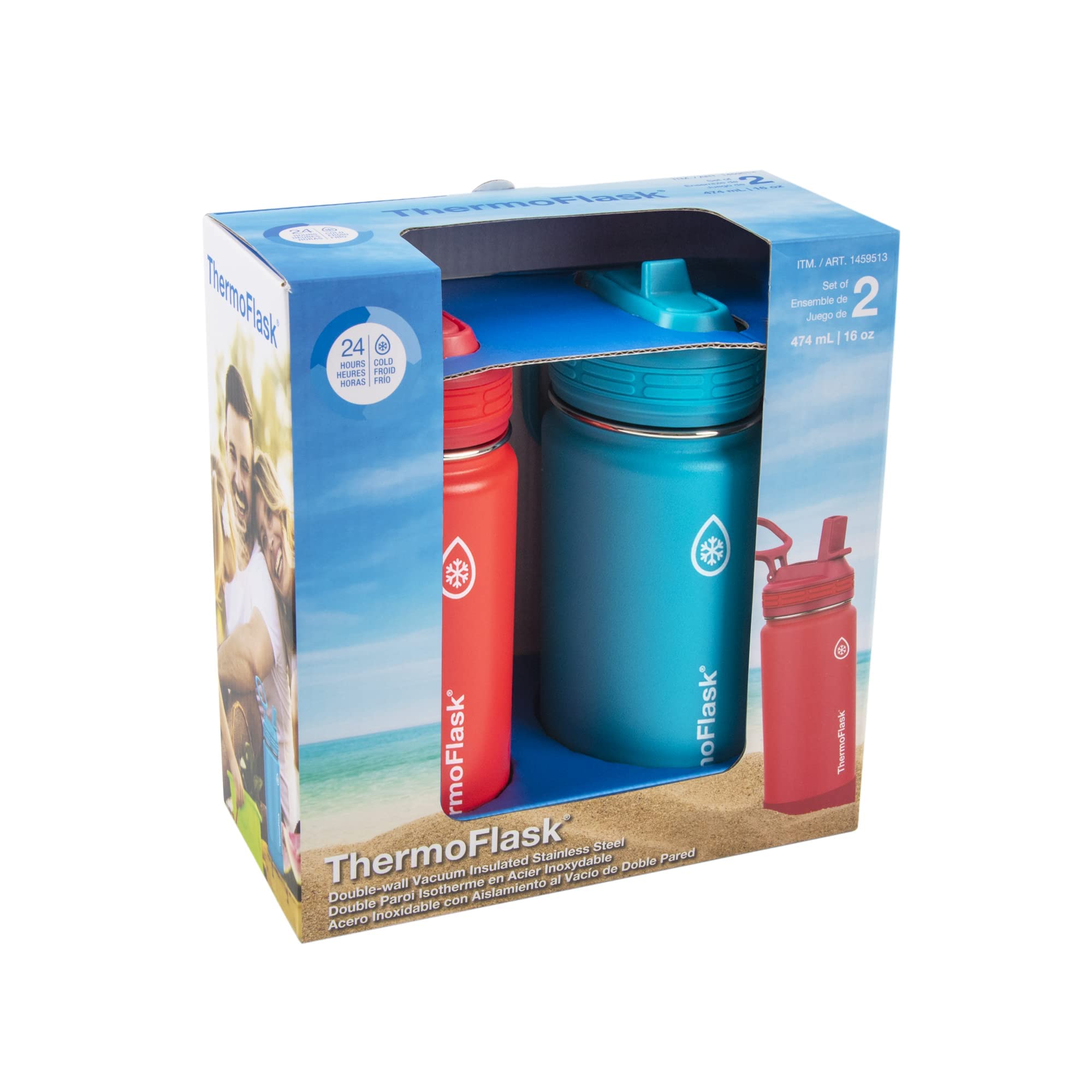 ThermoFlask 16 oz Double Wall Vacuum Insulated Stainless Steel 2-Pack of Water Bottles, Red/Blue