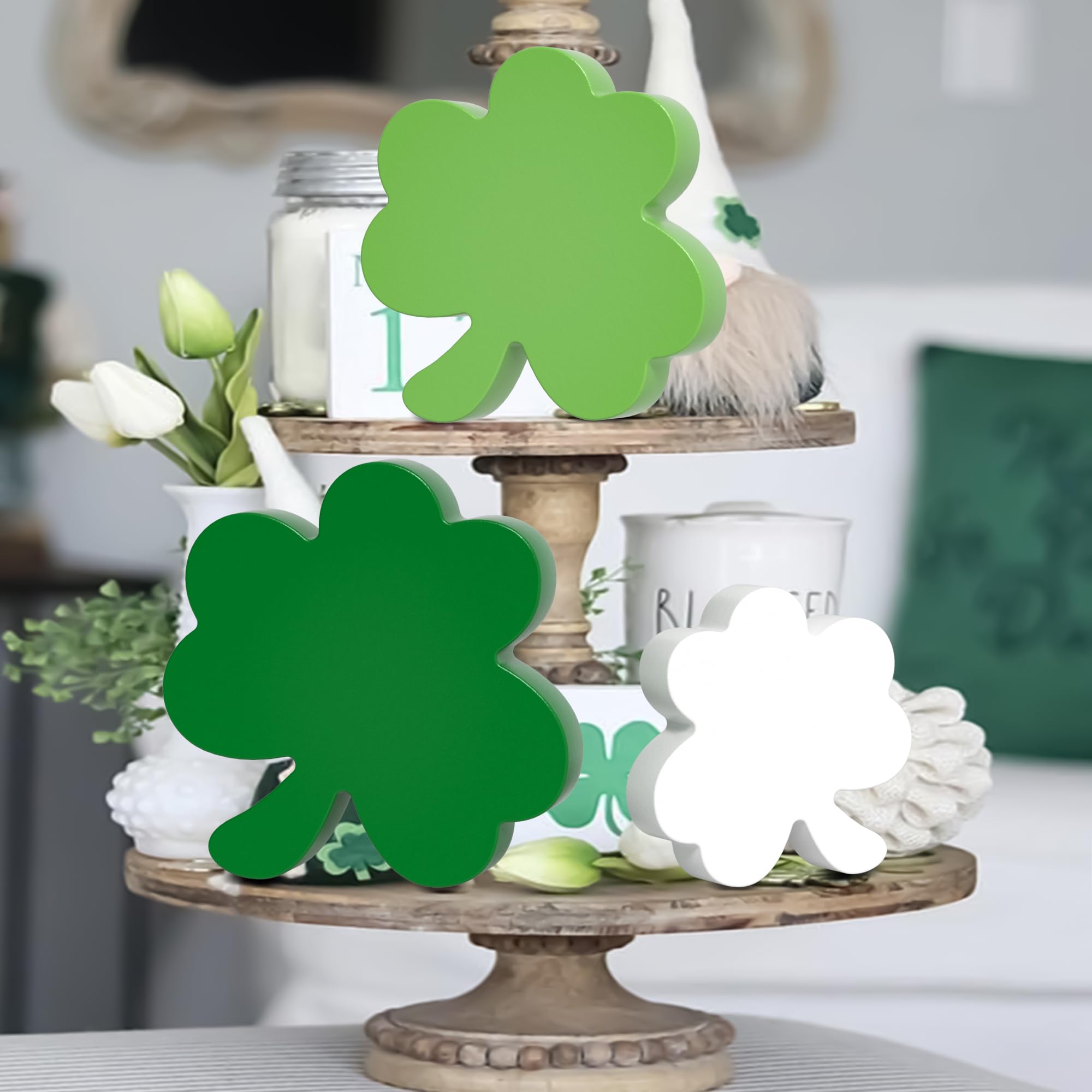 Valentine's Day/St. Patrick's Day Decorations Tiered Tray Decor, 6 Pcs Heart and Shamrock Wooden Signs Table Decor for Home Kitchen Office