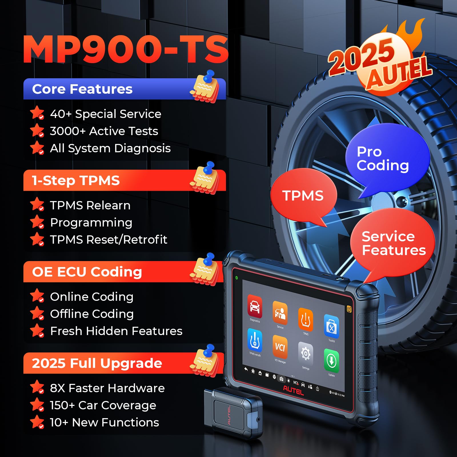 Autel MaxiPRO MP900TS Scanner 2025: MP900-TS up of MaxiSYS MS906TS MP900-BT MK900-TS, Top TPMS as MS906 Pro-TS, Pro ECU Coding, Bidirectional Tests, 40+ Service, 8'' All System OBD2 Tool, CAN FD&DOIP