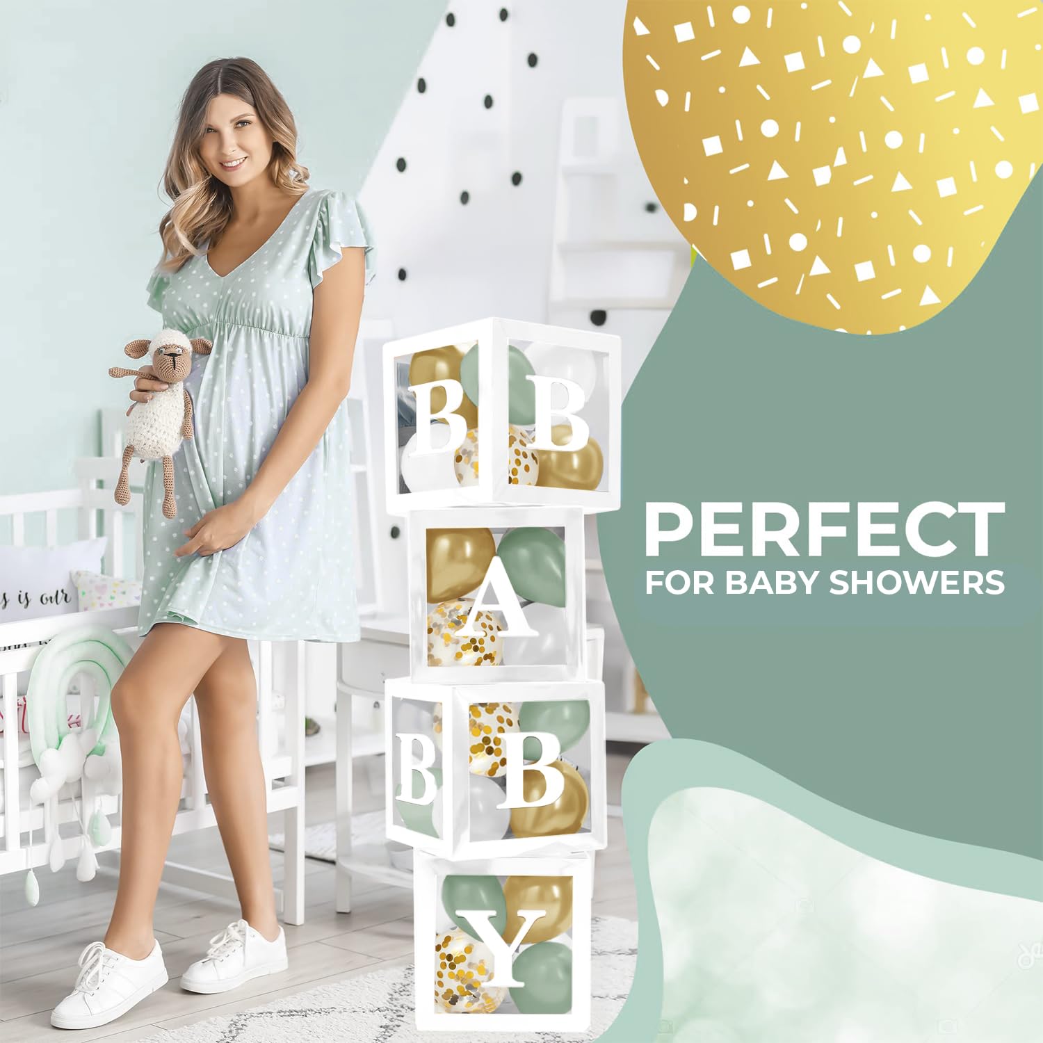 Balloon Garland Arch Kit – 146 Pcs Sage Green Balloons & Baby Shower Boxes with Letters – White Boxes with Sage-Green, Gold, Gold Confetti, and White Balloons