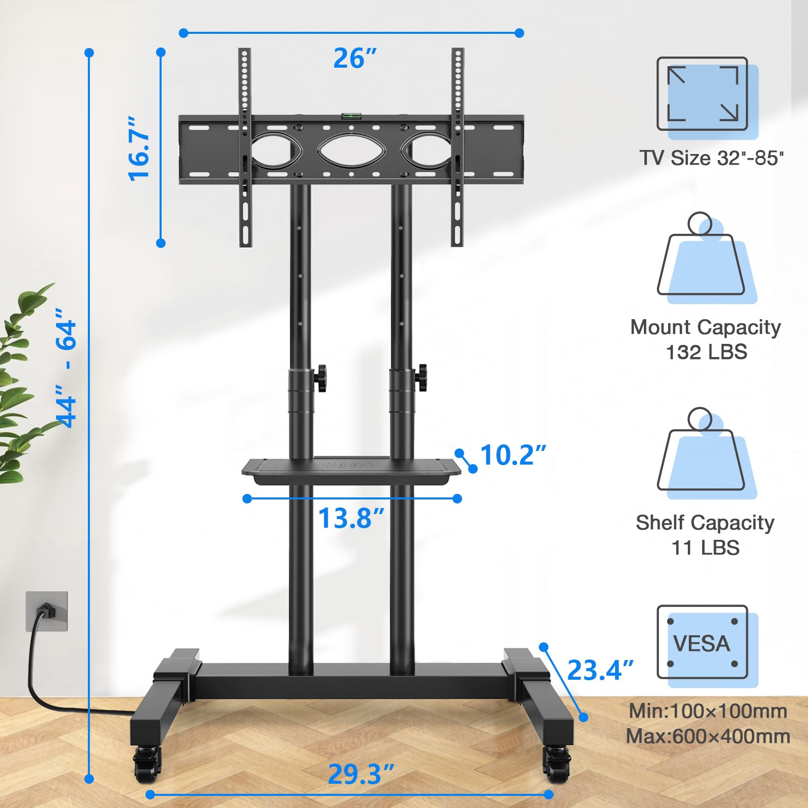 Rfiver Upgraded Mobile TV Stand with Power Outlet for 32-85 Inch TVs, Heavy Duty Rolling TV Cart on Wheels up to 132 lbs, Height Adjustable Portable TV Stand with AV Shelf for Bedroom, Home, Office