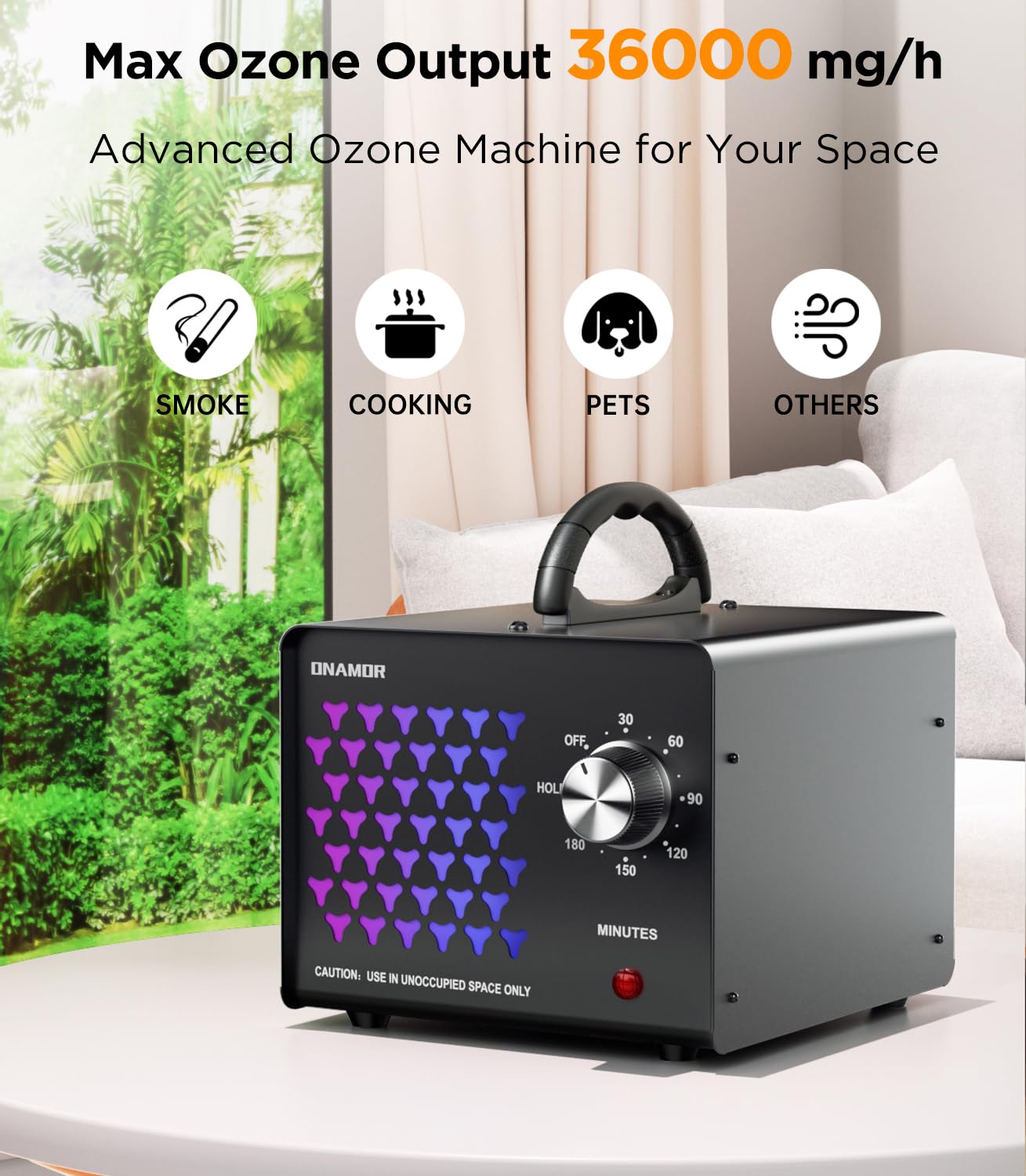 ONAMOR Ozone Generator Odor Eliminator 36000mg/h, High Capacity Ozone Machine Odor Removal Up to 6000 Sq.Ft, Ionizer Ozonator for Smoke, Car, Basement And Pet Room, Black