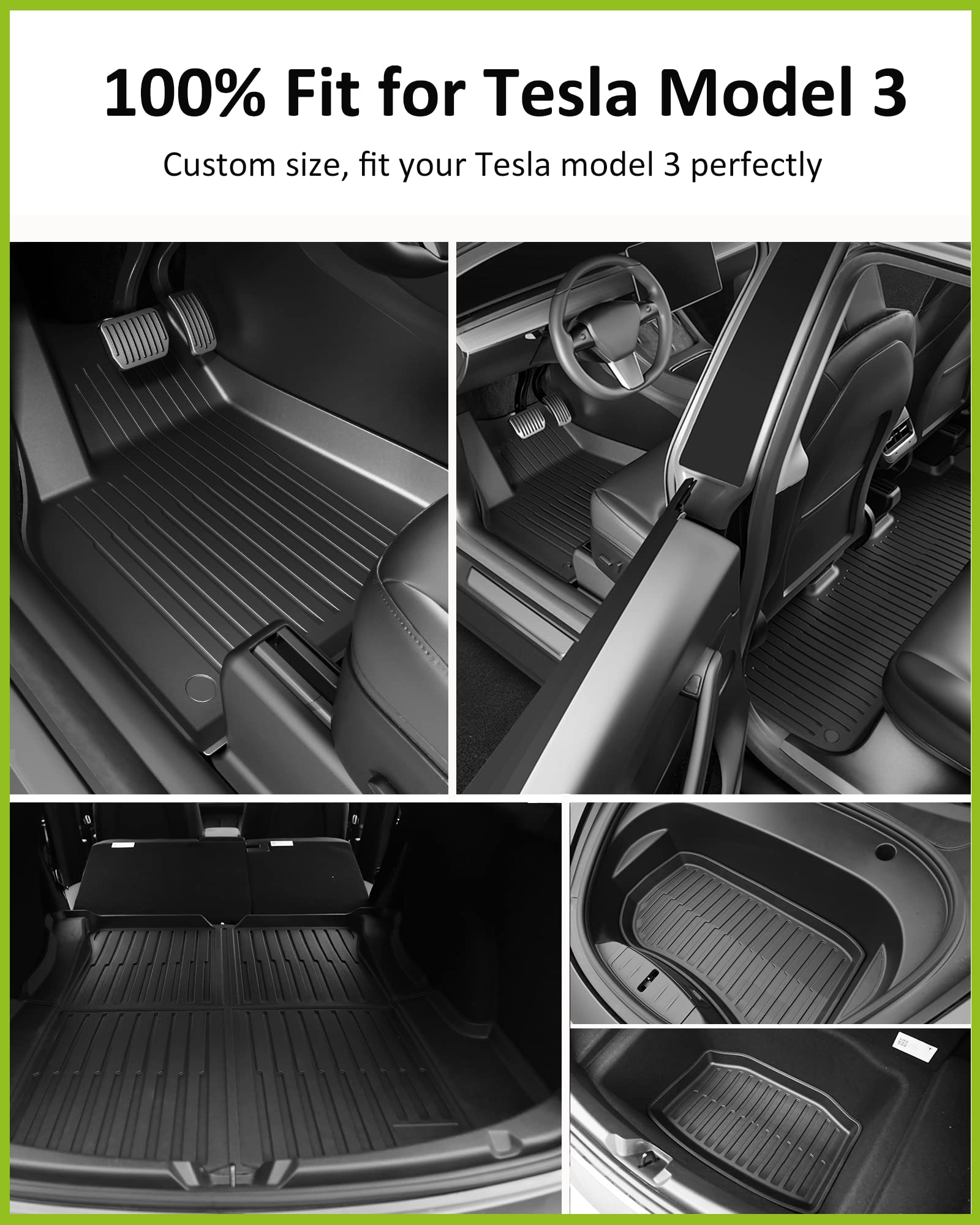 Foronetry Tesla Model 3 Floor Mats 2023 2022 2021, 6PCS All Weather Complete Set Floor Mats, Cargo Liners Rear Trunk Frunk Rear Storage Mats Accessories