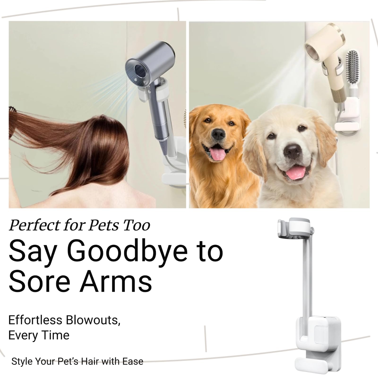 Hands Free Hair Dryer Holder Wall Mounted, No-Drill Adjustable Blow Dryer Stand with Rotating Arm & Cable Hook, Universal Bathroom Hairdryer Organizer for Vanity, Wigs, Pet Grooming, Durable Design