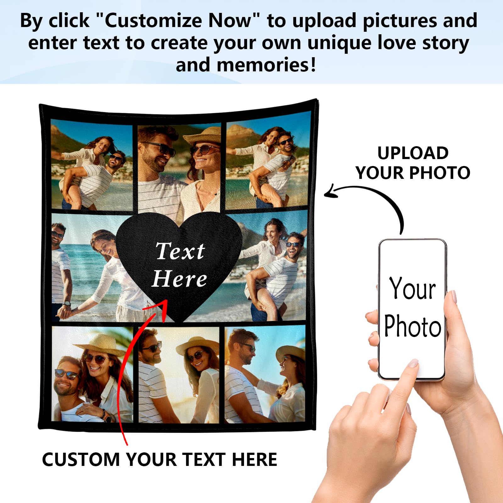 Ships Next Day Custom Valentines Day Anniversary Blanket Gifts for Her Him Boyfriend Husband Custom Couple Blanket with Picture Text Customized Blanket Birthday Christmas Wedding Gifts for Women Men