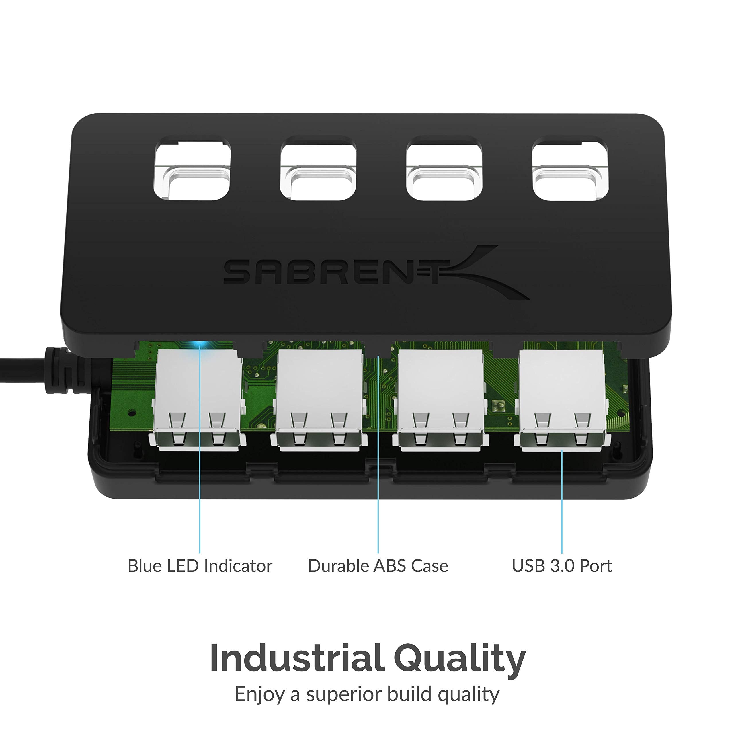 SABRENT 4-Port USB 3.0 Hub with Individual LED Power Switches - Slim, Portable Design - 2 Ft Cable - Fast Data Transfer - Compatible with Mac & PC (HB-UM43)