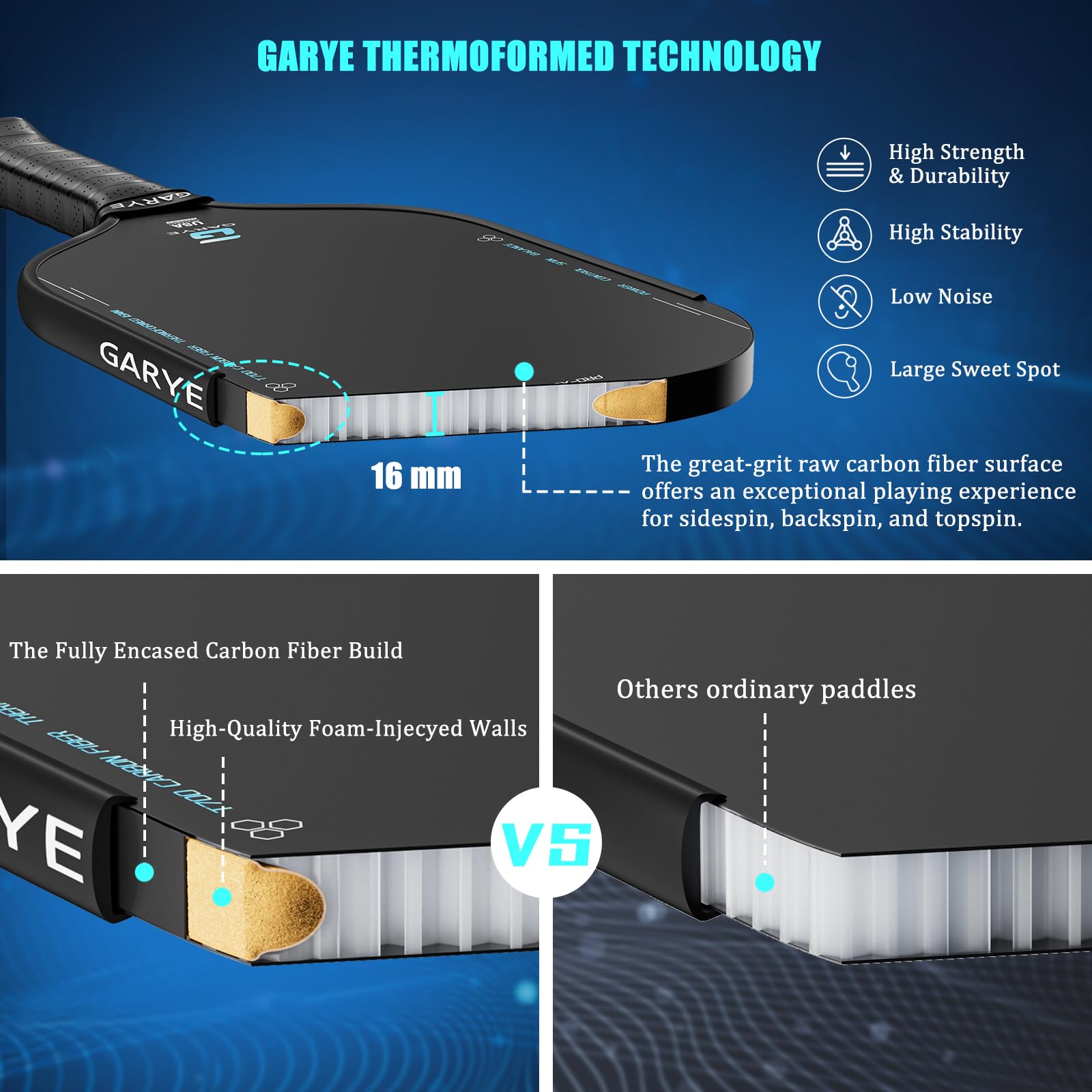 GARYE Pickleball Paddles, 16MM T700 Thermoformed Raw Carbon Fiber Pickleball Paddle, Great Grit & Spin, USAPA Approved PRO-XL Pickle Ball Rackets Set with Power, Control and Balance,2 colors, 1 Cover