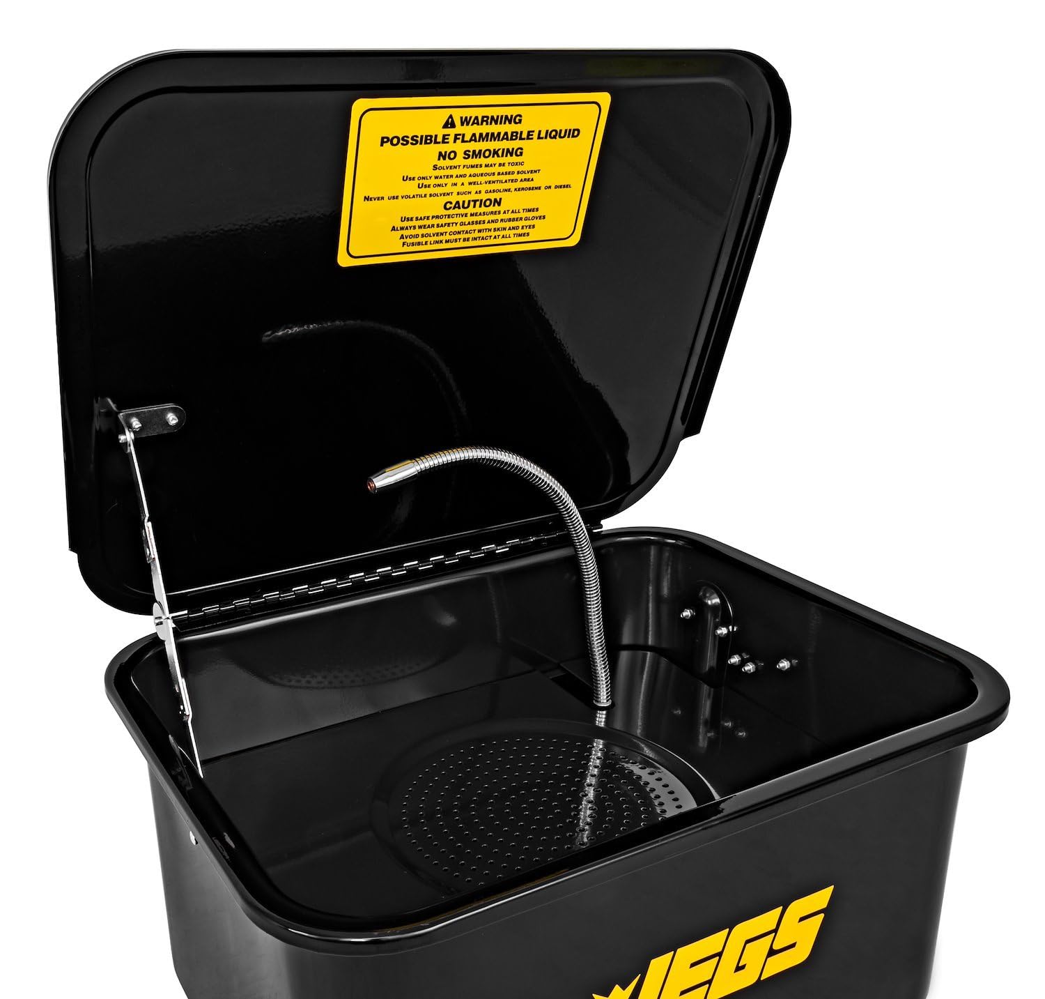 JEGS 5-Gallon Portable Parts Washer | 3.5 Gallon Solvent Capacity | 3.96 Gallon Per Minute Max Pump Output | Heavy Duty Steel | Powder Coated Black with JEGS Logo