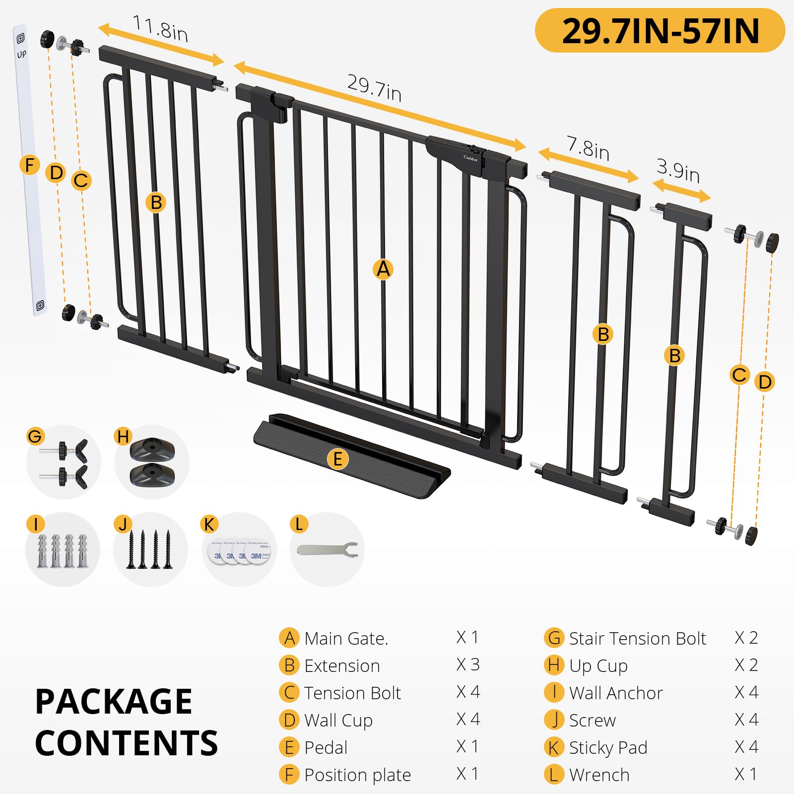 Cumbor 29.7-57" Extra Wide Baby Gate for Stairs, Mom's Choice Awards Winner-Dog Gate for Doorways, Pressure Mounted Walk Through Safety Child Gate for Kids Toddler, Tall Pet Puppy Fence Gate, Black