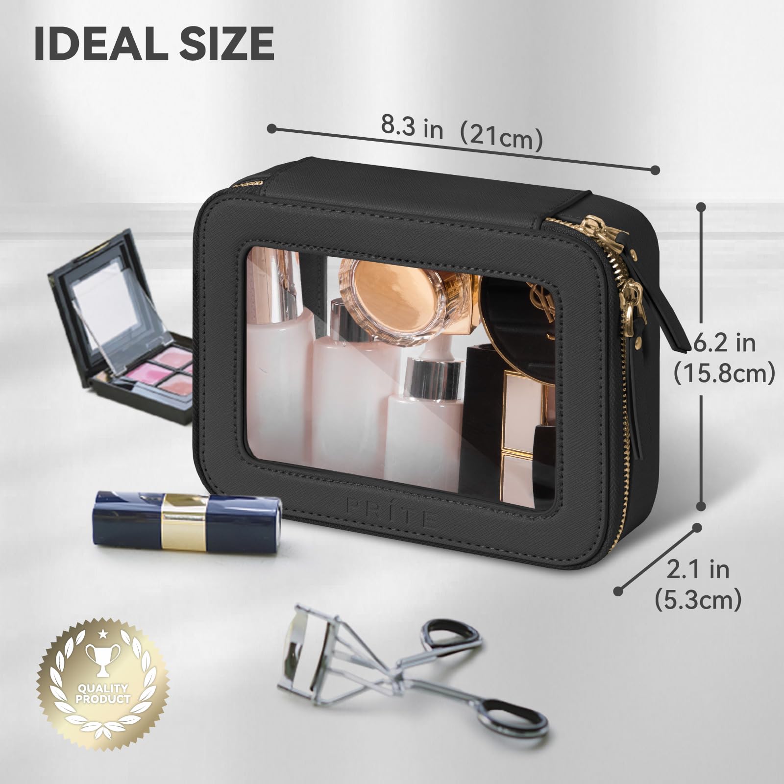 Prite Christmas Gifts Clear Makeup Bag Cosmetic Organizer Case Waterproof Travel Toiletry Bag Skincare Pouch with Golden Zipper(Black)