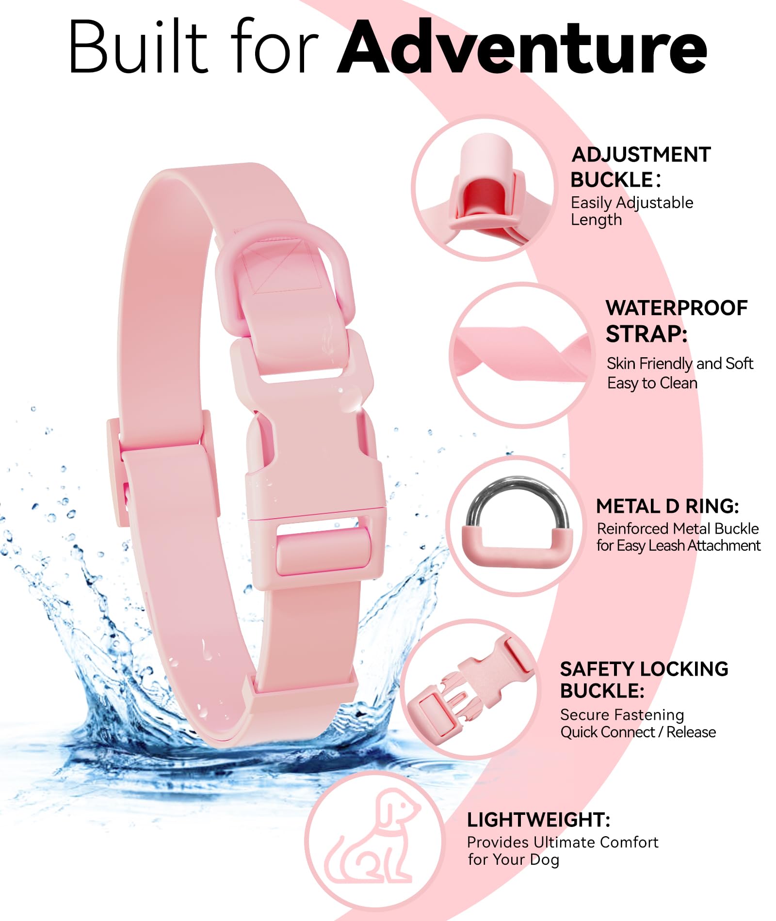 Waterproof Dog Collar, Rubber Adjustable Collars with Quick Release Buckle, Odor-Resistant, Easy to Clean Pet Collars for Small Medium or Large Dogs (Pink, L 15.4-24.8 inch)