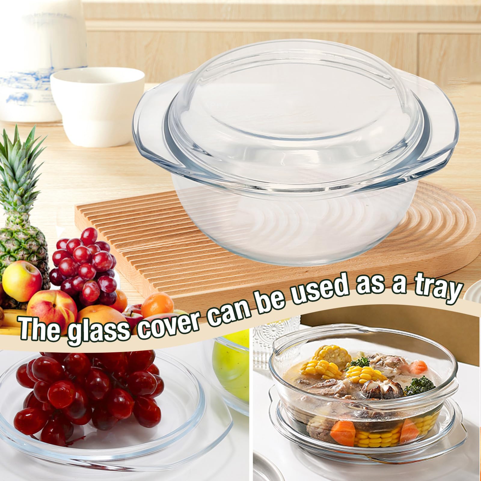 Premium Glass Salad Bowls - Includes Soup Bowls with Handles and French Onion Soup Bowls - Ideal for Cooking on Stove and CorningWare Casserole Dish with Lid - Small Glass Bowls for Breakfast Cooking