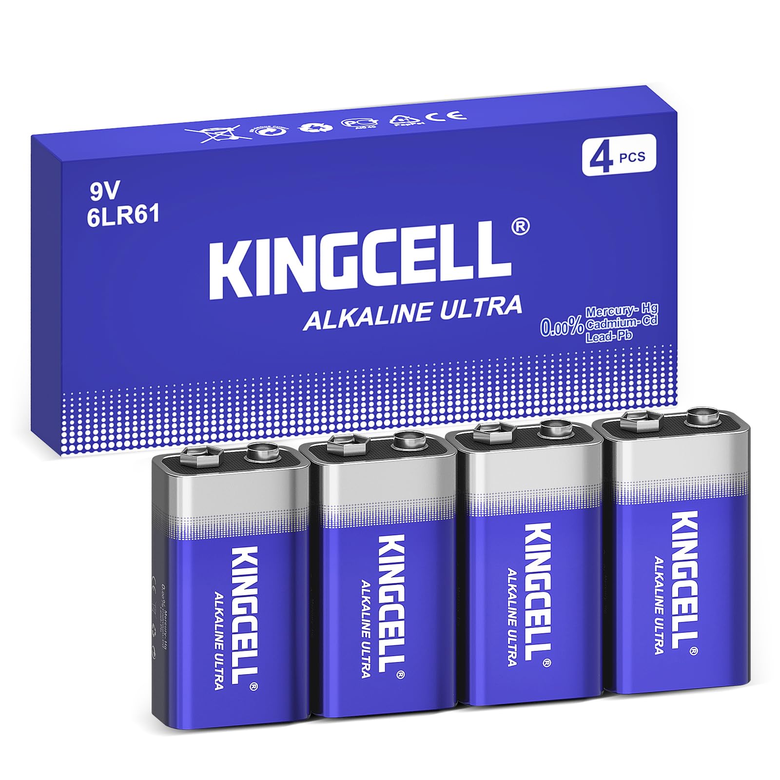 KINGCELL 9V Batteries 4 Pack, Alkaline Hight Performance 9 Volt Battery with 10-Year Shelf Life，Long-Lasting Power 9v Battery for Smoke Detector and Household、Office Devices