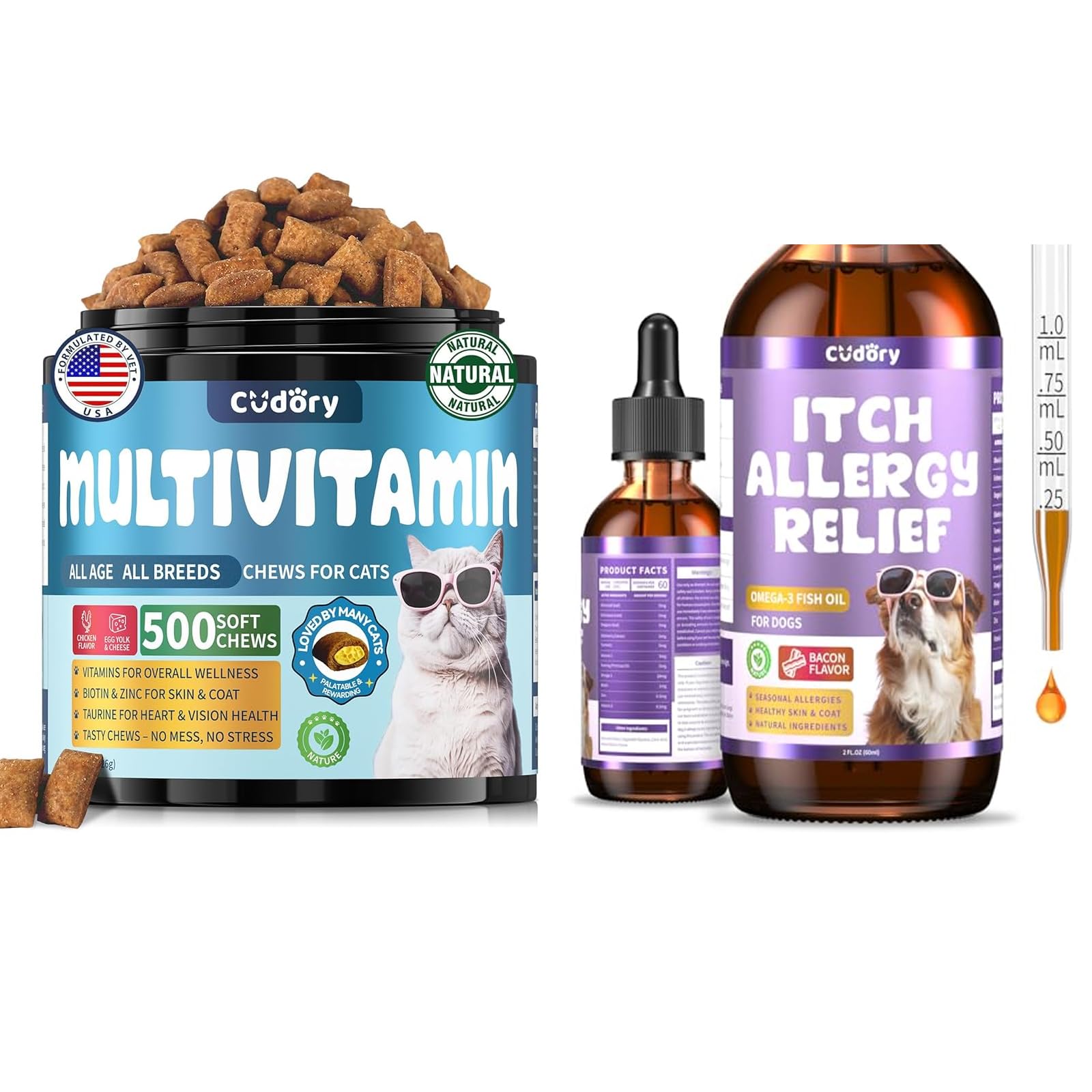 Cat Multivitamin, Crunchy & Creamy Cheese Chew Dog Allergy Relief Drops, Skin & Coat Support