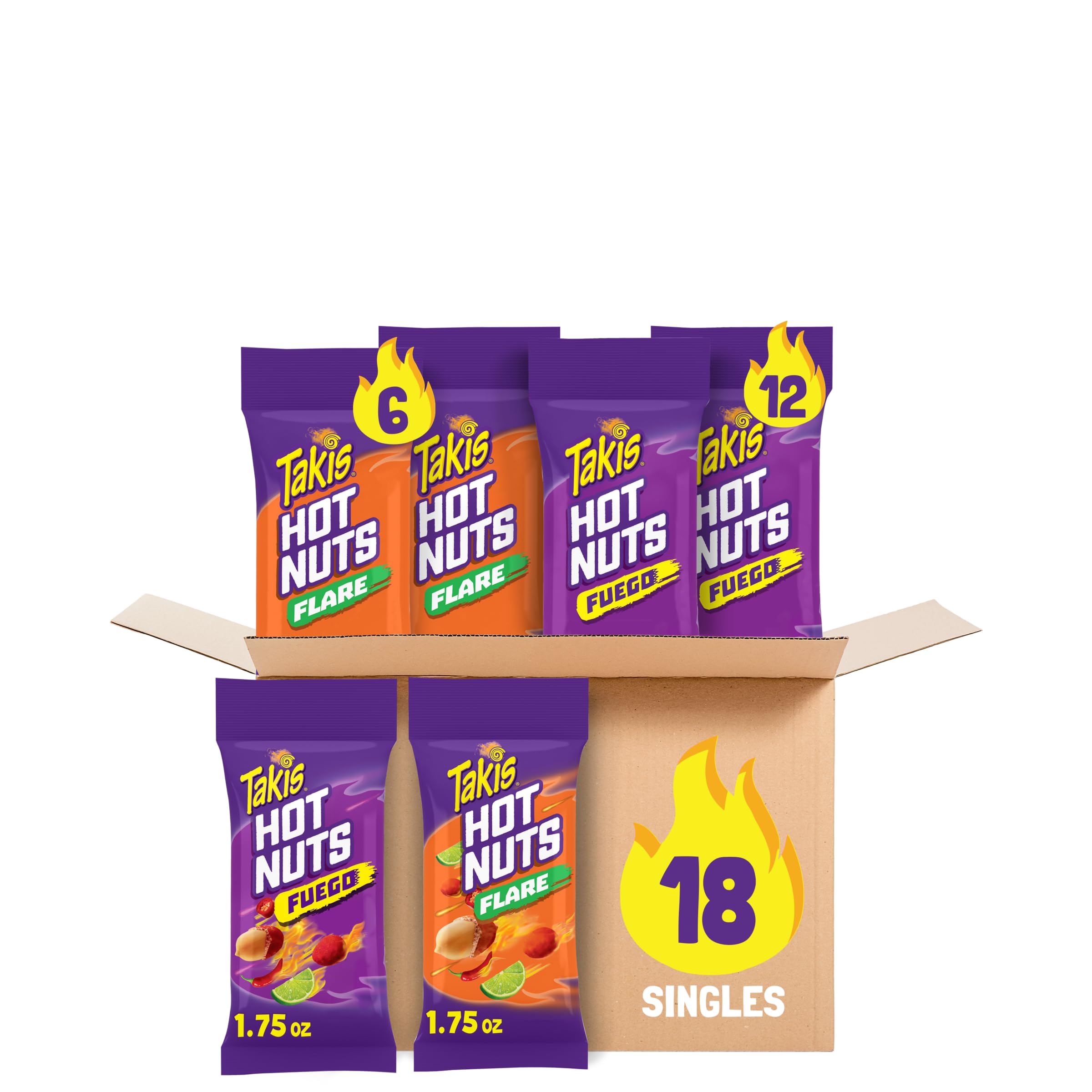 Takis Hot Nuts Fuego (12) and Flare (6) Double Crunch Spicy Peanuts, Hot Chili Pepper Lime and Chili Pepper Lime Flavored Peanuts Variety Pack, 18 Individual Bags, 1.75 Ounces Each